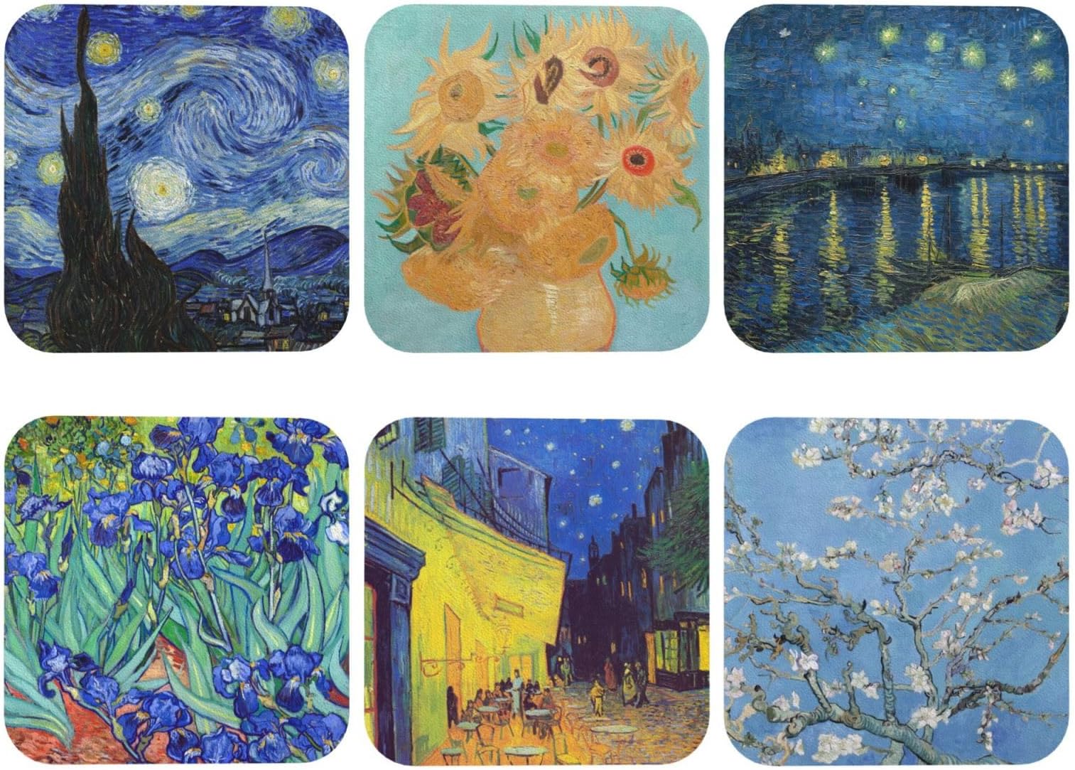 Leather Coasters for Drinks Van Gogh Art Coasters Set - Use 6 Famous Van Gogh Paintings, Unique Housewarming Gifts for New Home Decorative