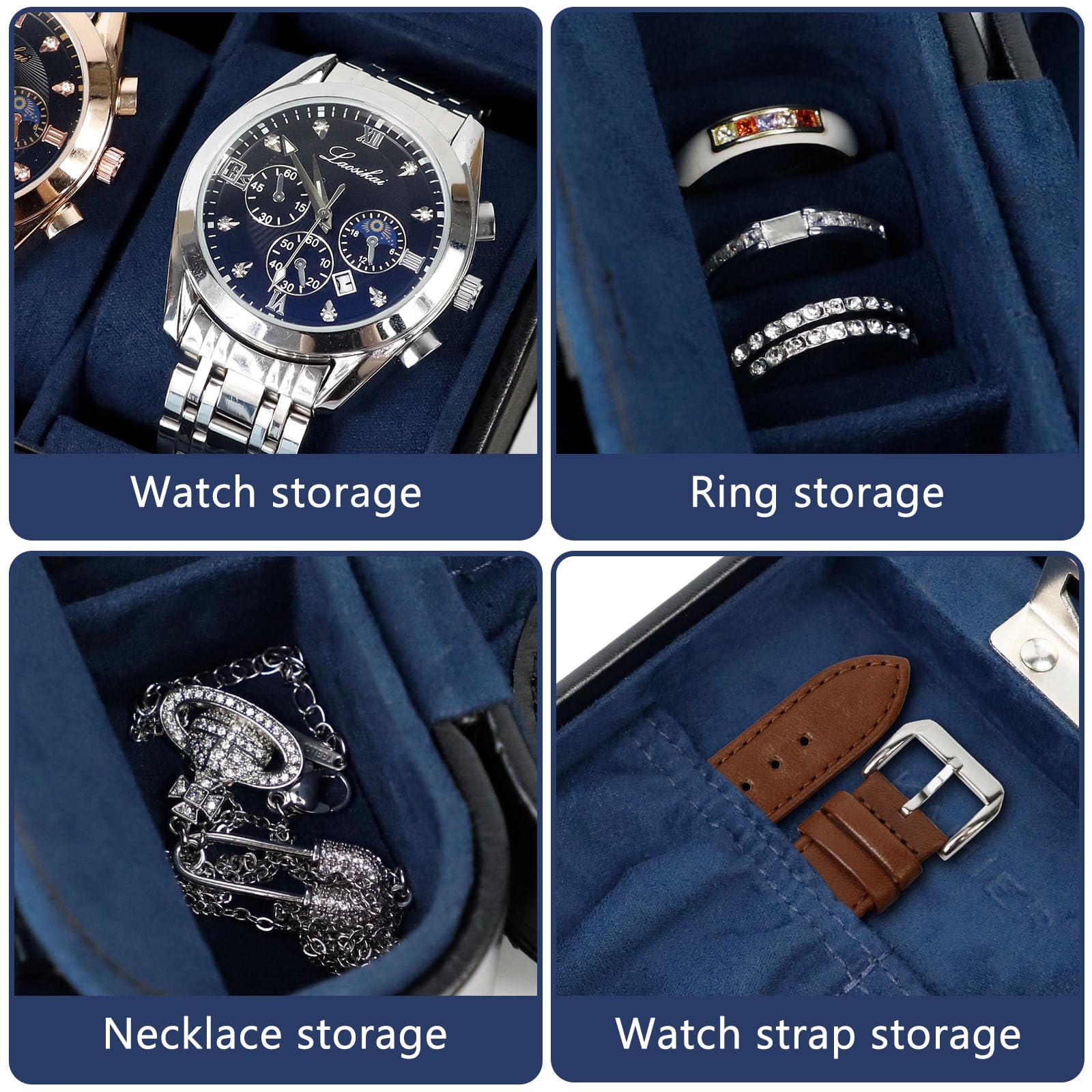 KAMIER Caja de relojes de viaje 2 huecos con cerradura código,Negro | Estuche de cuero PU para guardar relojes, anillos,caja organizadora de relojes adecuada para hombre y mujer