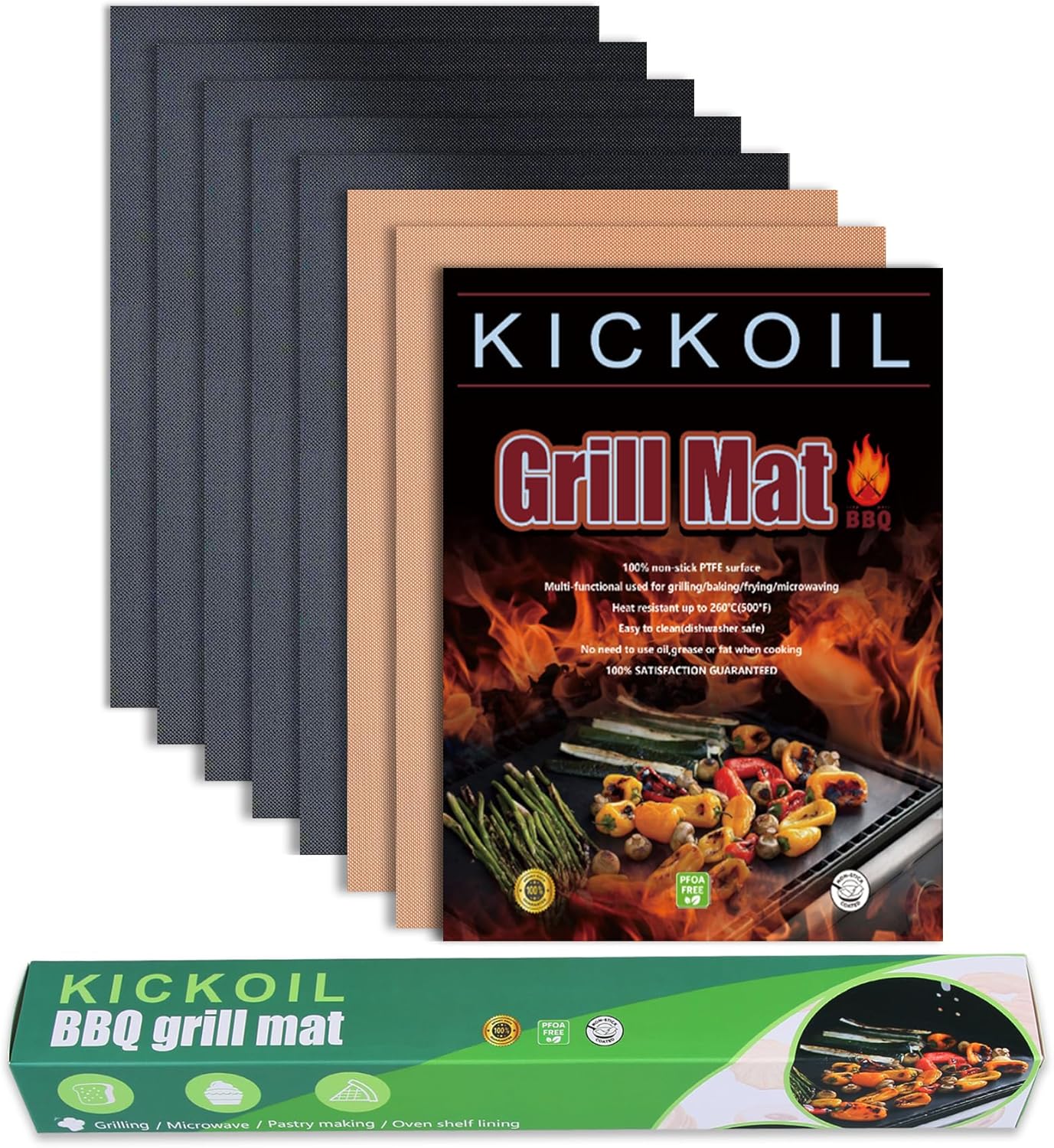 Grill Mats for Outdoor Grill Set of 7 Black+Copper Grill Tools BBQ Accessories Non-Stick Heavy Duty Grilling Mats Teflon Grill Sheets for Charcoal Grill Gas Electric Smokers Barbecue Camping Griller