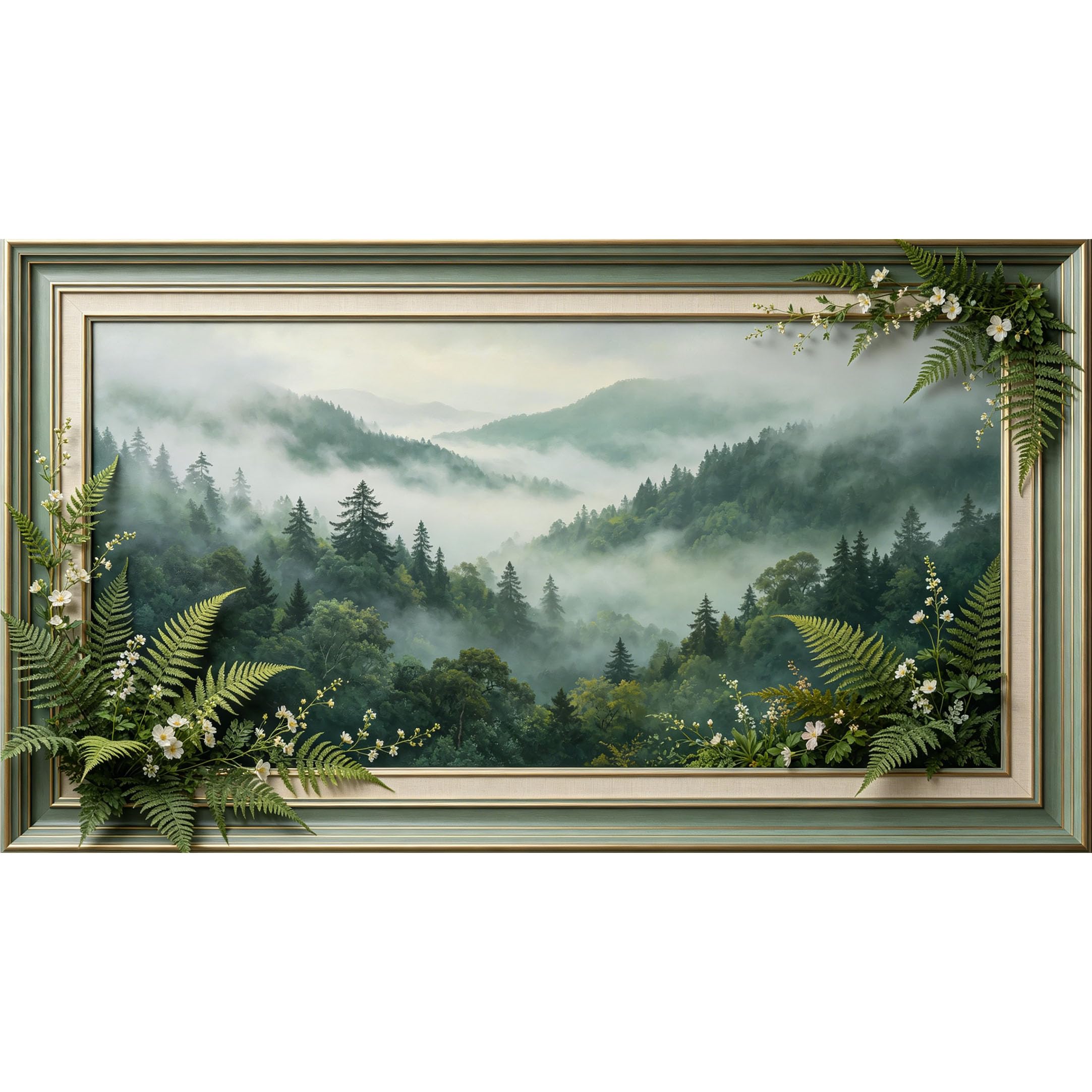 QZLITHOTIC 50x90cm3D Framed Wall Art， Misty Forest Landscape Botanical Self‑Adhesive Mural， Water‑Activated Peel & Stick Fabric Decor Wall Decal for Bedroom Living Room