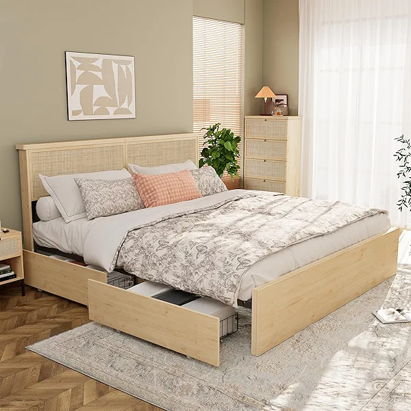 Yechen King Bed Frame with Natural Rattan Headboard and Wooden 4 Storage Drawers, Light Oak Metal Platform Bedframe with Strong Wooden Slats Support, Boho Cane Wood Bed, No Box Spring Needed