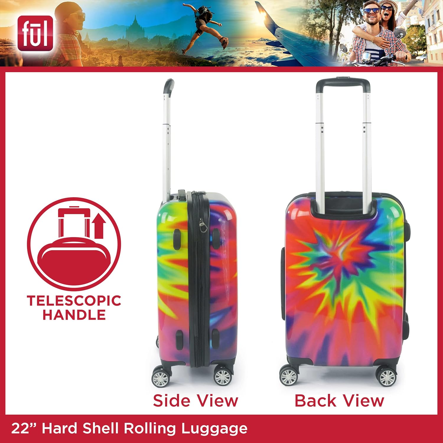 review FUL Tie-Dye Swirl Carry-On Rolling Suitcase, Hardside Travel Luggage with Spinner Wheels, 22 Inches, Rainbow