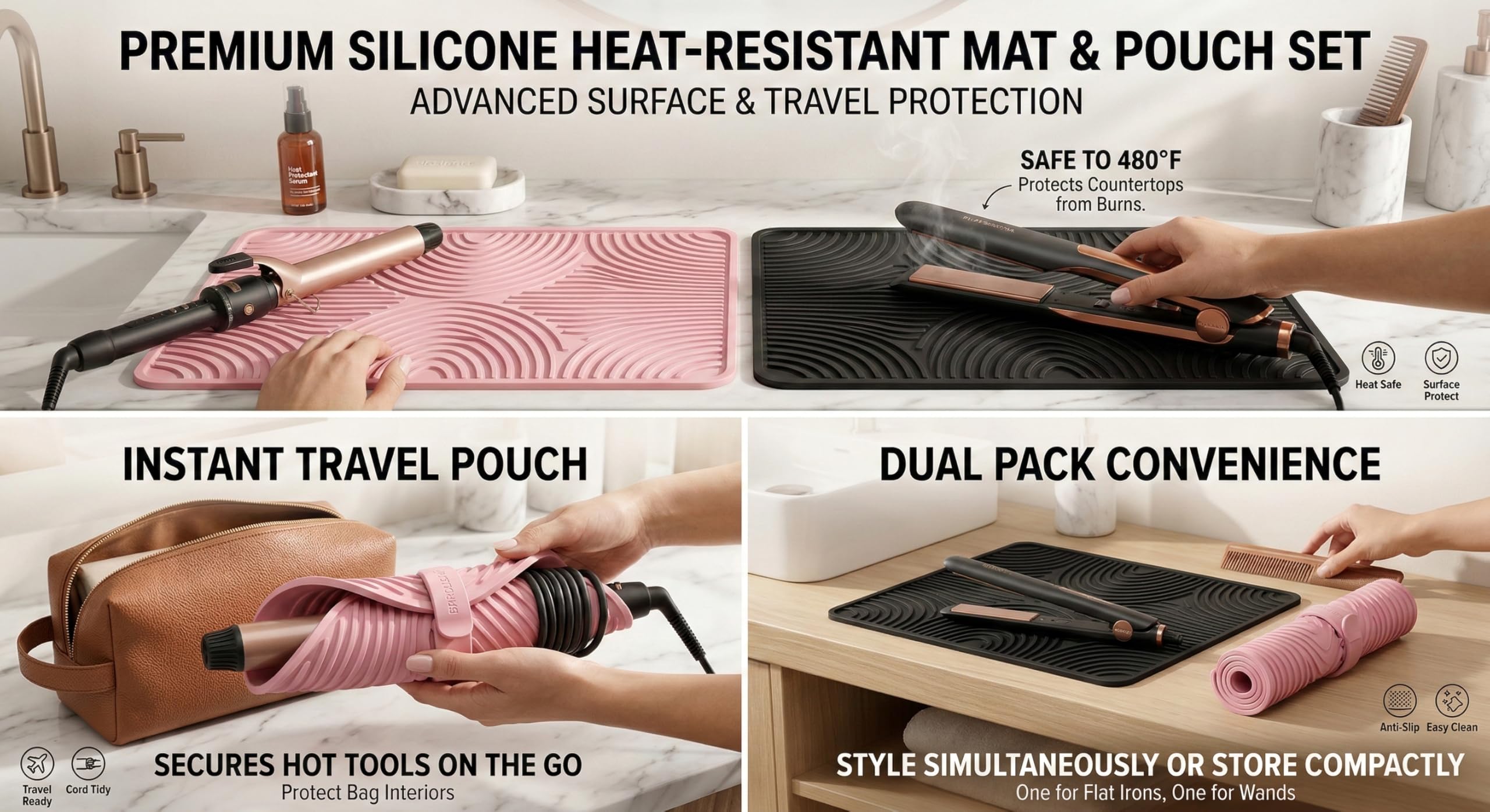 Tappetino termoresistente in silicone 2 pezzi nero e rosa 23x16cm per piastra capelli e ferro arricciacapelli resistente fino a 230°C antiscivolo facile da pulire per casa e salone
