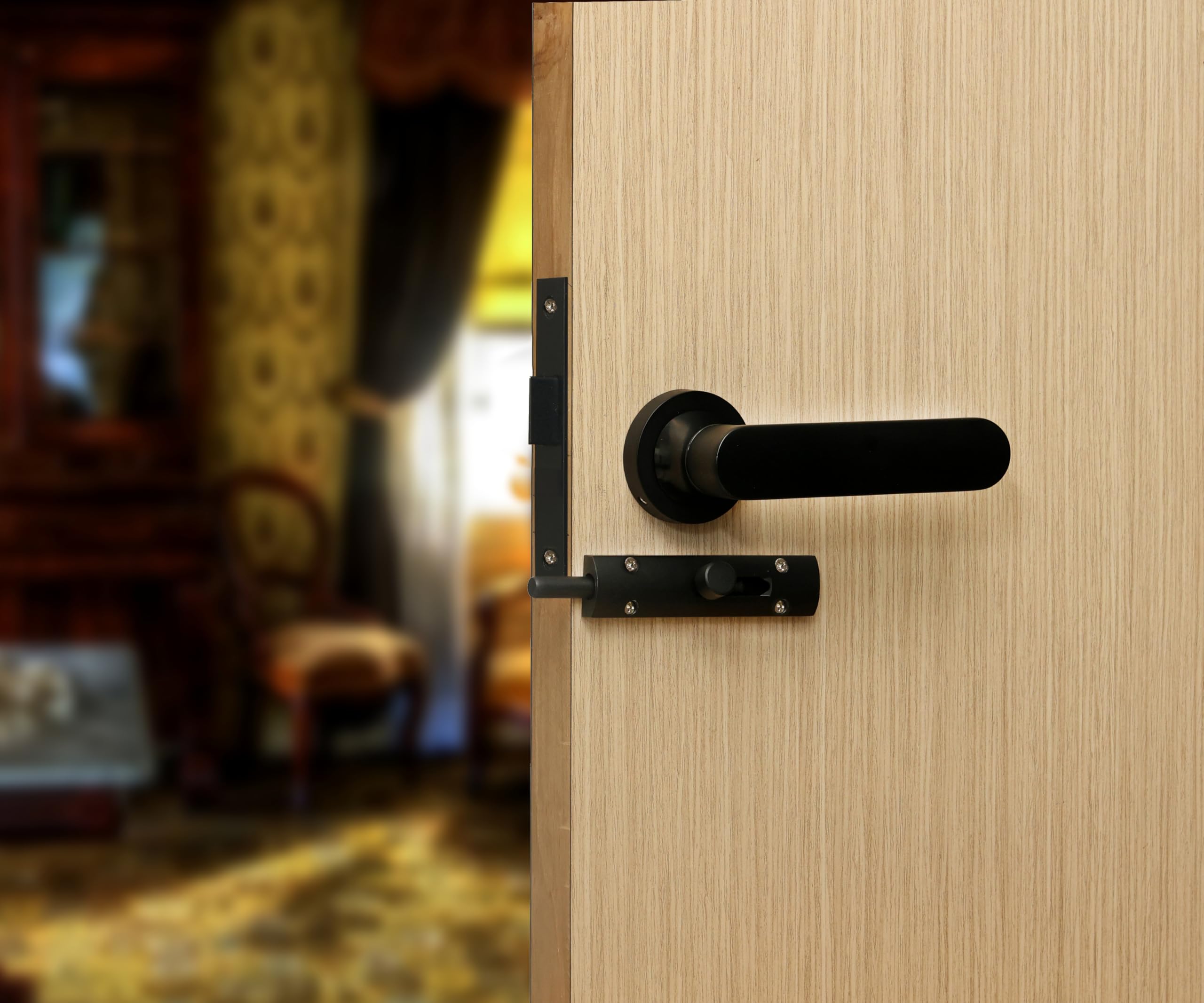 FIT N FORGET Deluxe Bathroom Door Lock Keyless Secure Handle Set with Brass Baby Latch for Home, Office, Hotel, Balcony and Store Room |Black Finish 158