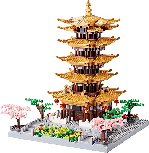 RuiChuangKeJi Micro Building Blocks for Adults - Yellow Crane Tower with Sakura Tree Cherry Plants, a Chinese Ancient Famous Architecture and