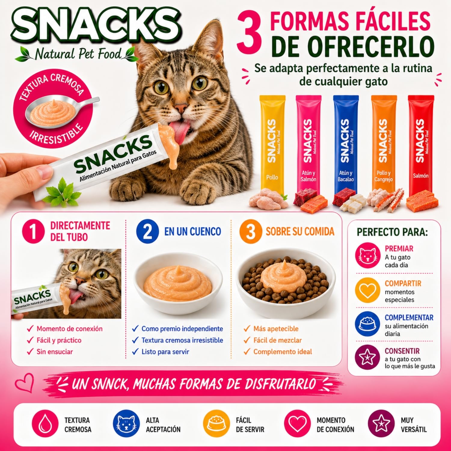 Snacks Gatos - Pack Variado Natural de Snacks Saludables 5 Recetas - Deliciosos Premios con Textura Suave y Cremosa - 1680gr (120x14gr)