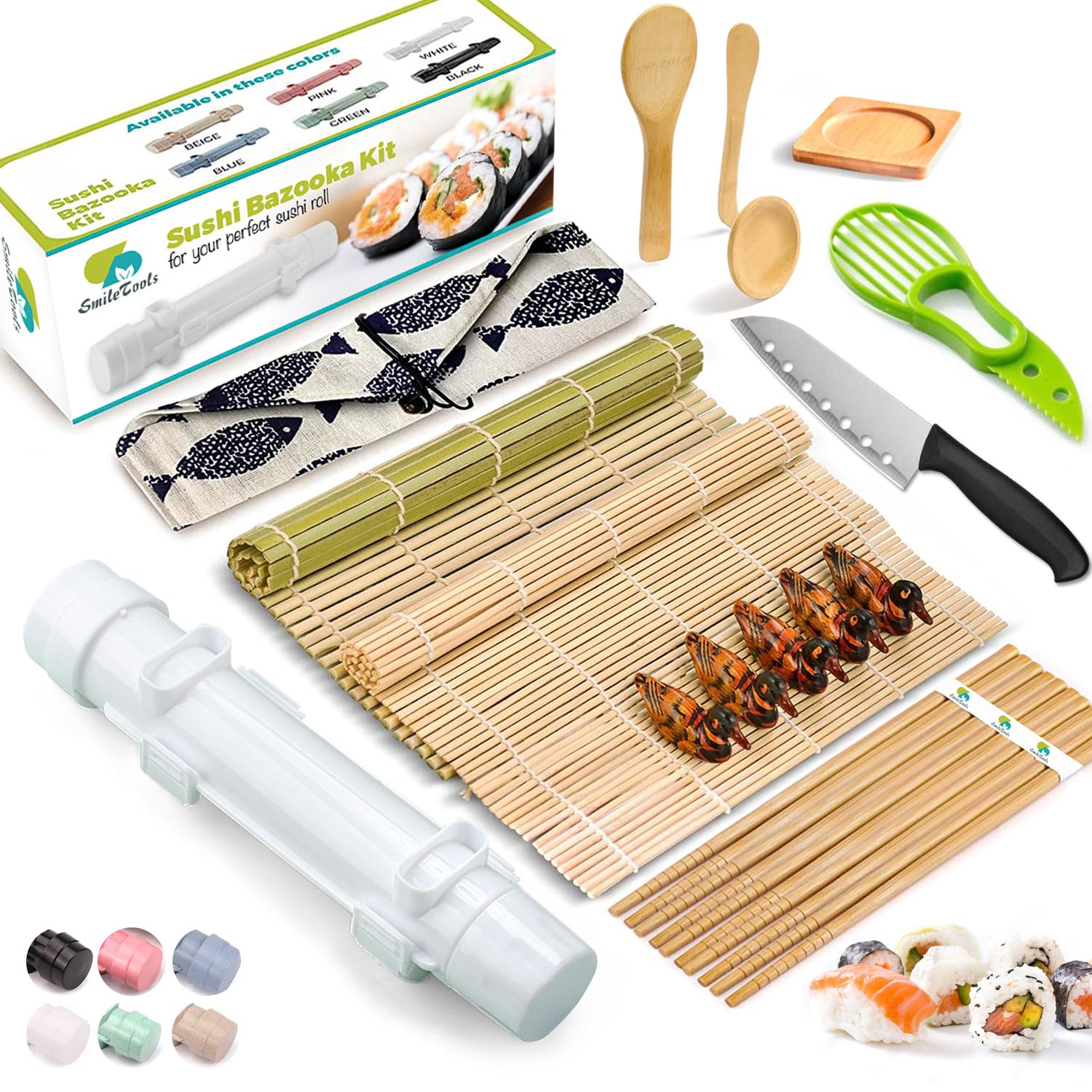Sushi Making Kit, 22-in-1 Sushi Roller Kit with Bamboo Sushi Rolling Mat, Sushi Bazooka, Avocado Knife, Sushi Knife, Chopsticks, Sauce Dishes, Rice Spreader & More DIY Sushi Party Gift