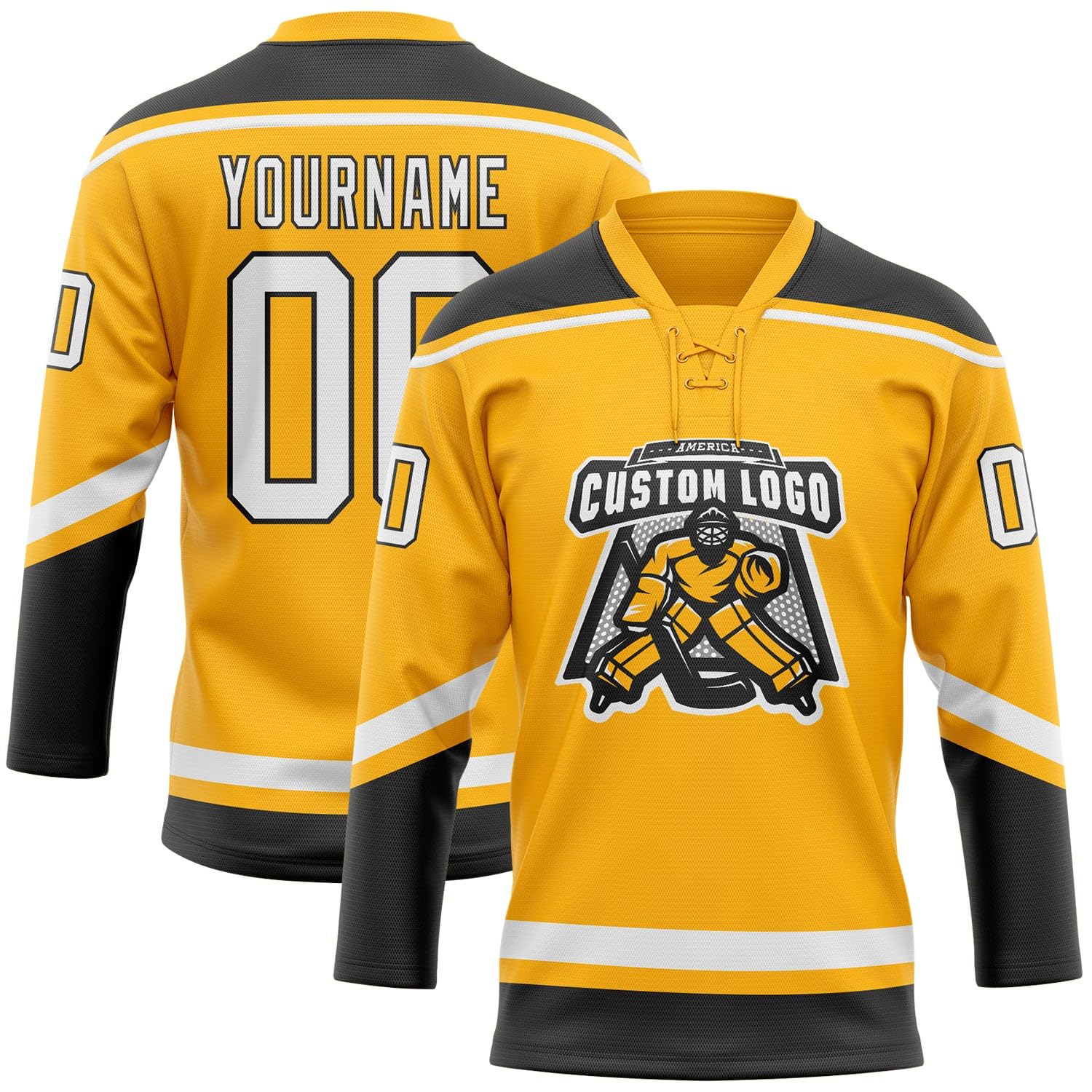 Custom Gold White-Black Hockey Lace Neck Jersey, Hockey Practice Jersey, Hockey Jersey Men, Practice Hockey Jersey, Custom Hockey Jersey with Logo, Hockey Jersey, Custom Hockey Jersey