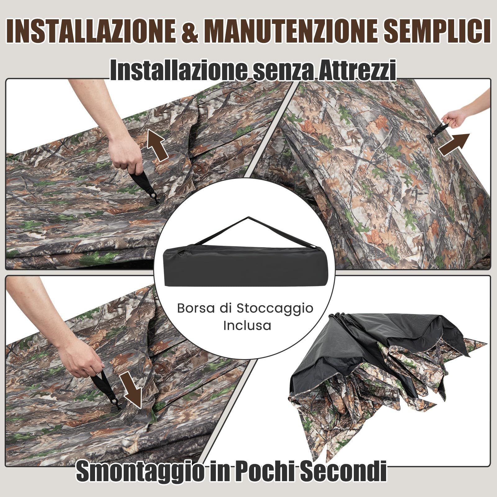 GYMAX Tenda da Caccia, Tenda Portatile e Pieghevole per 2-3 Persone con Vista a 270 Gradi, 8 Robusti Picchetti per Terreni, 4 Corde di Ancoraggio, Sacca Portaoggetti, 147 x 147 x 168 cm