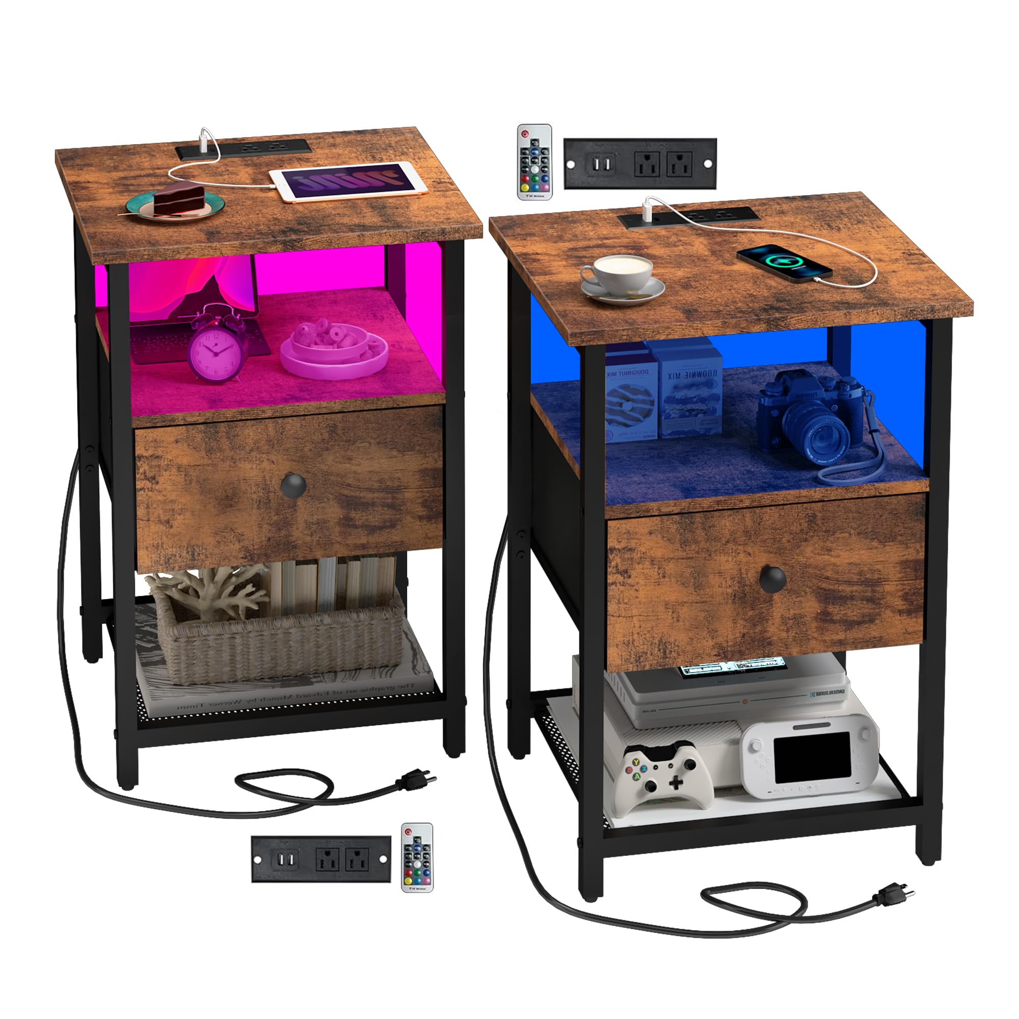 HDDDZSW LED Nightstands Set of 2 with Charging Station, Bedside Tables with USB Ports and Outlets, End Table with Fabric-Wood 2-in-1 Drawer for Small