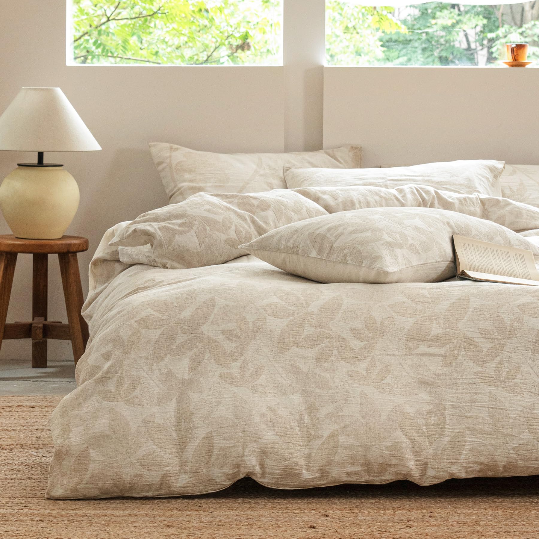 SOULFUL Leinen Bettwäsche 155x220 Baumwolle,Jacquard Boho Textur Bettwäsche-Sets Enthält 1 Bettbezug 155x220 und 1 Kissenbezug 80x80,Öko-Tex 100 Zertifiziert,Leaves