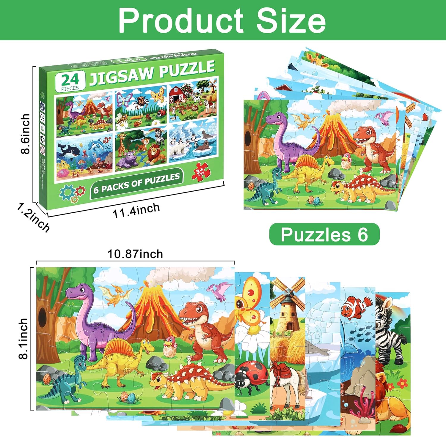 LELEMON Puzzles for Kids Age for 3-5,24 Large Piece Animal Puzzles for Toddler Kids,Children Learning Educational Puzzles Toys for Boys and Girls(6 Packs)
