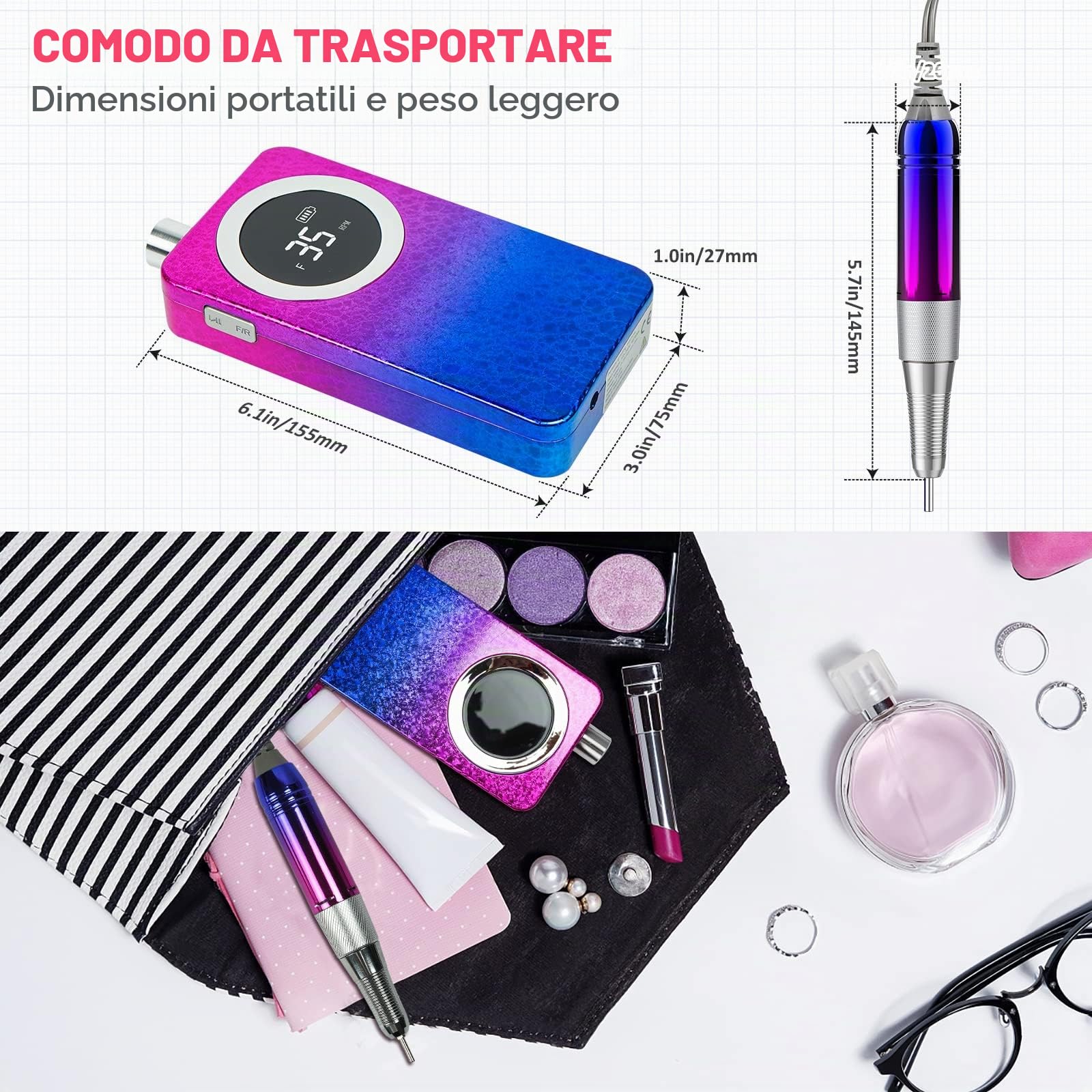 Fresa per Unghie Professionale 35000 RPM Portatile Lima Elettrica per Unghie per Manicure e Pedicure, con Display a LED per Saloni di Unghie, Manicure DIY