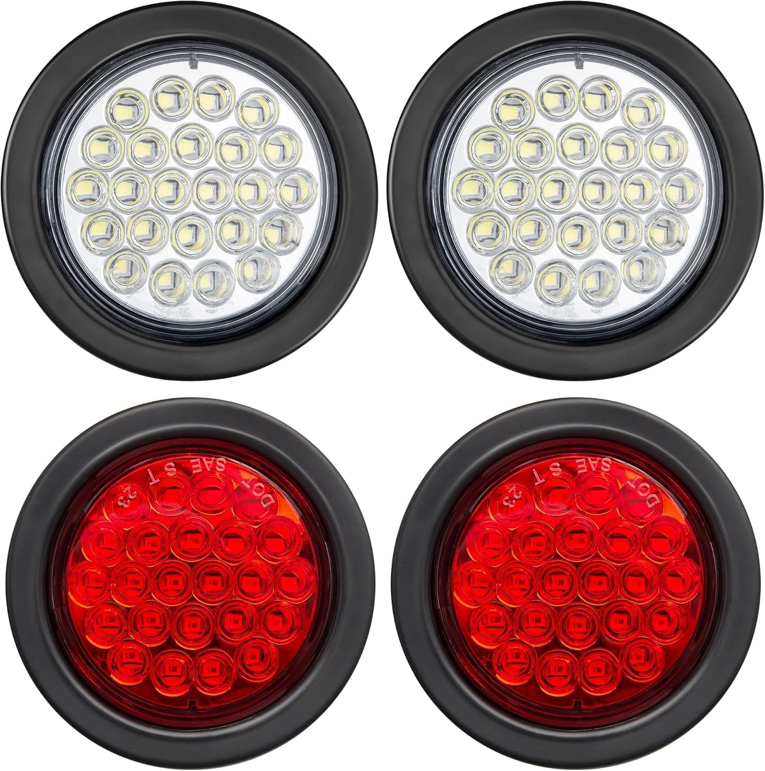 Oyviny 2PCS 4 Inch 24LED Round Red + 2PCS White LED Trailer Tail Light