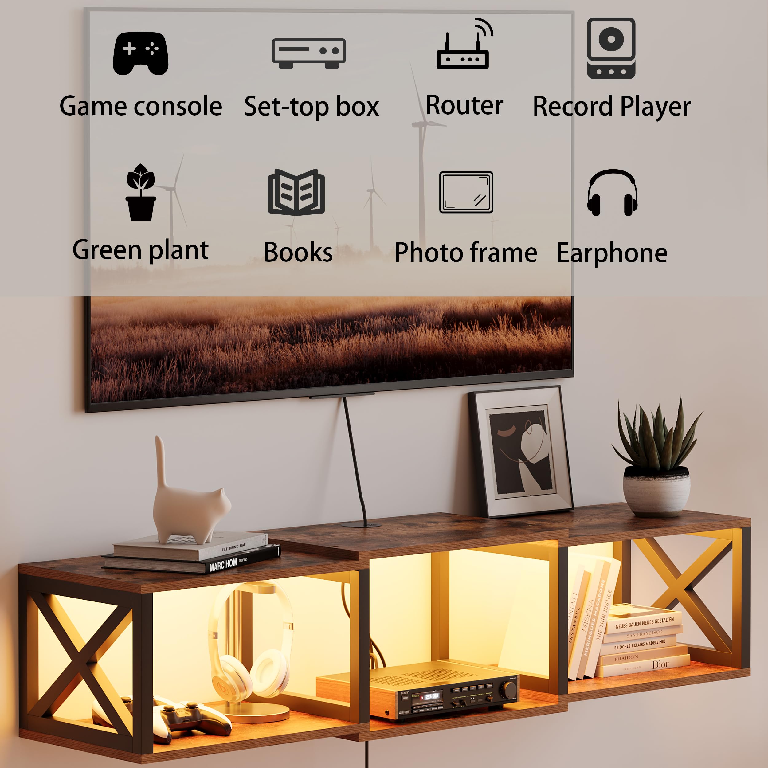 Soporte de TV flotante con tomas de corriente, consola de entretenimiento montada en la pared con luz LED, estante de TV flotante para almacenamiento debajo del televisor (marrón rústico, 46 8