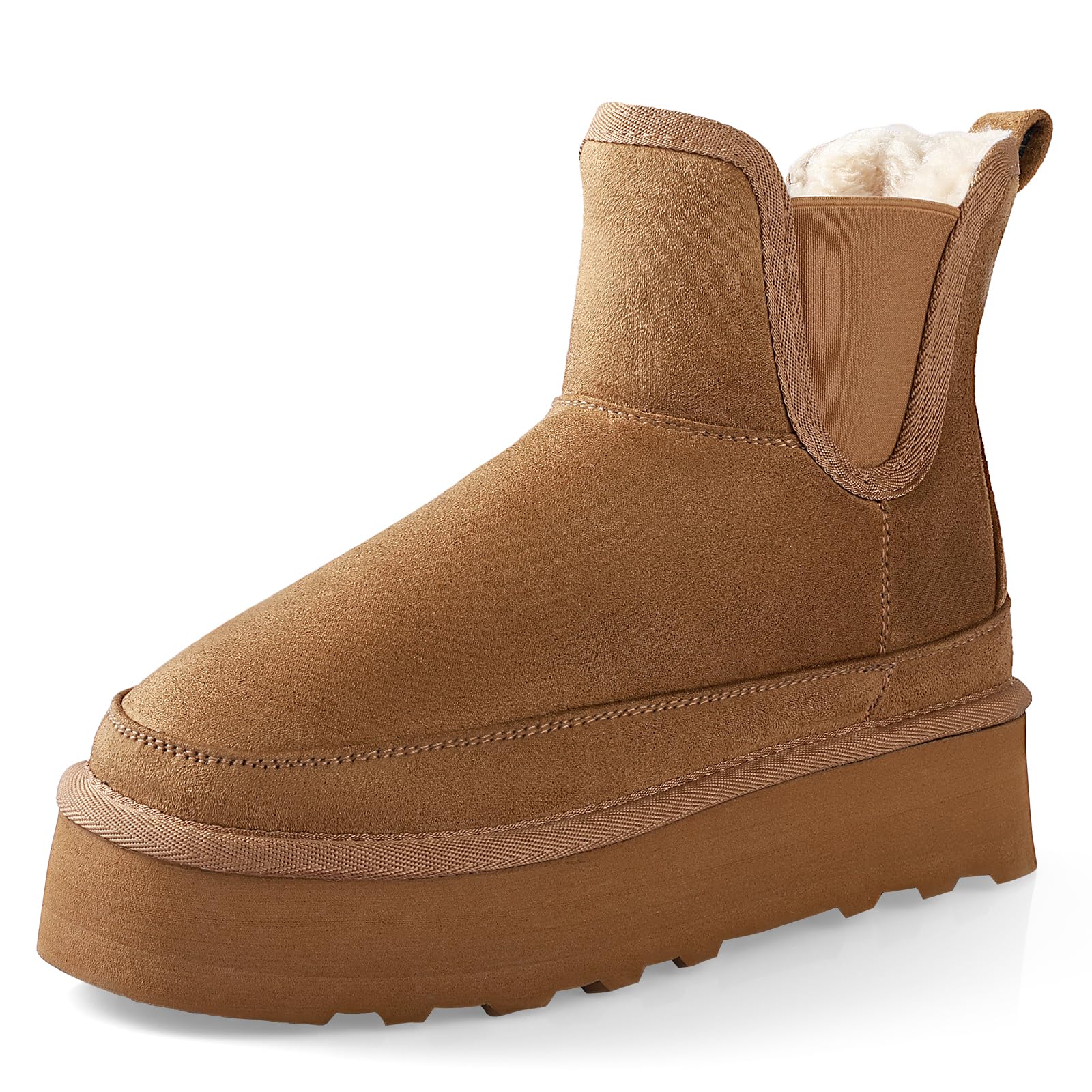 AnkisPlatform Mini Boots Women, Classic Ultra Mini Ankle Chelsea Boots for Women Winter Warm Thick Fur Fuzzy Boots Lined Anti-Slip Lined Slip on Snow Boots Black Chestnut