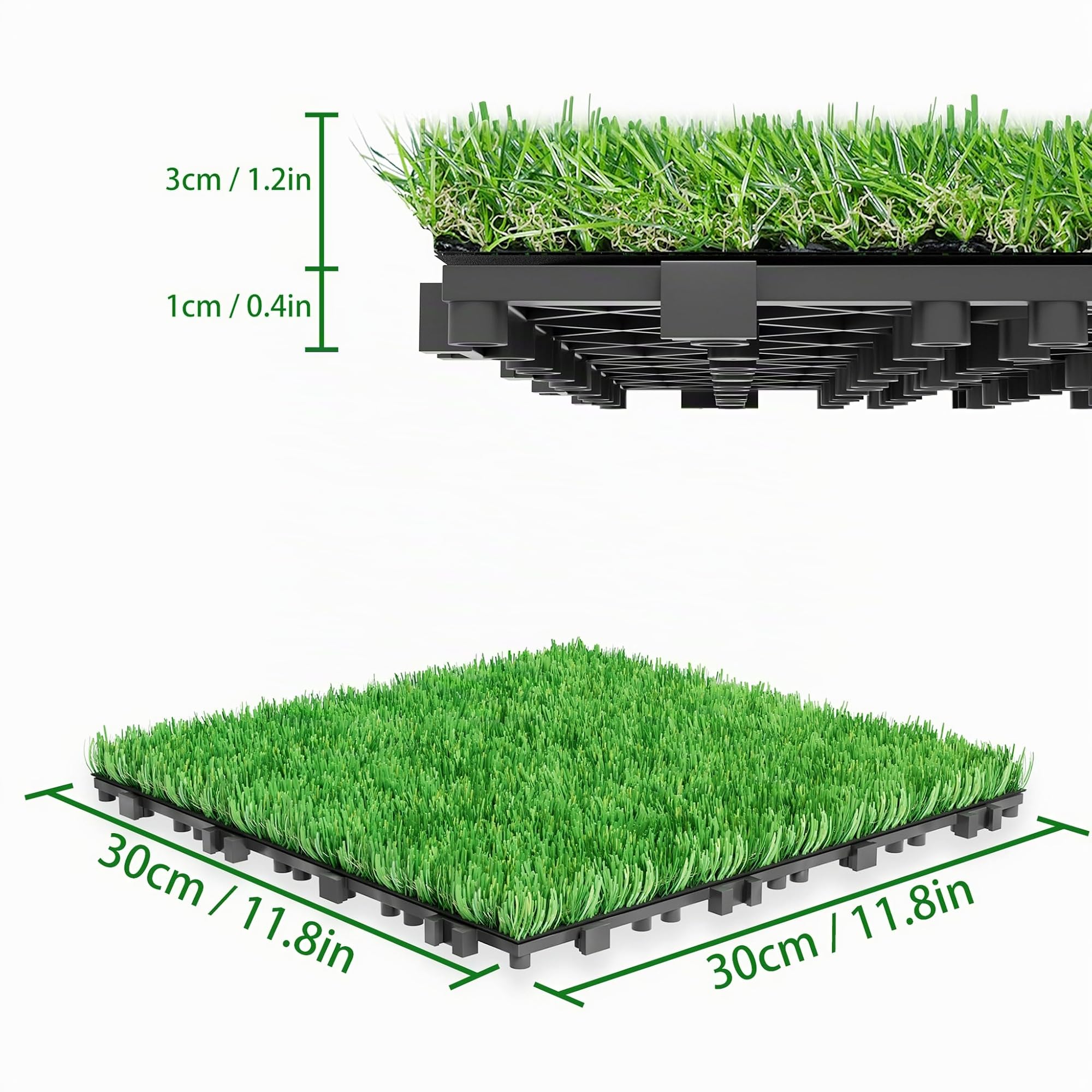 Baldosas de césped artificial para terraza, 30 x 30 cm, alfombra de césped, azulejos, baldosa de clic, en polietileno, pasto artificial, terrazas cortables, juego de 11 unidades, para 1 m²