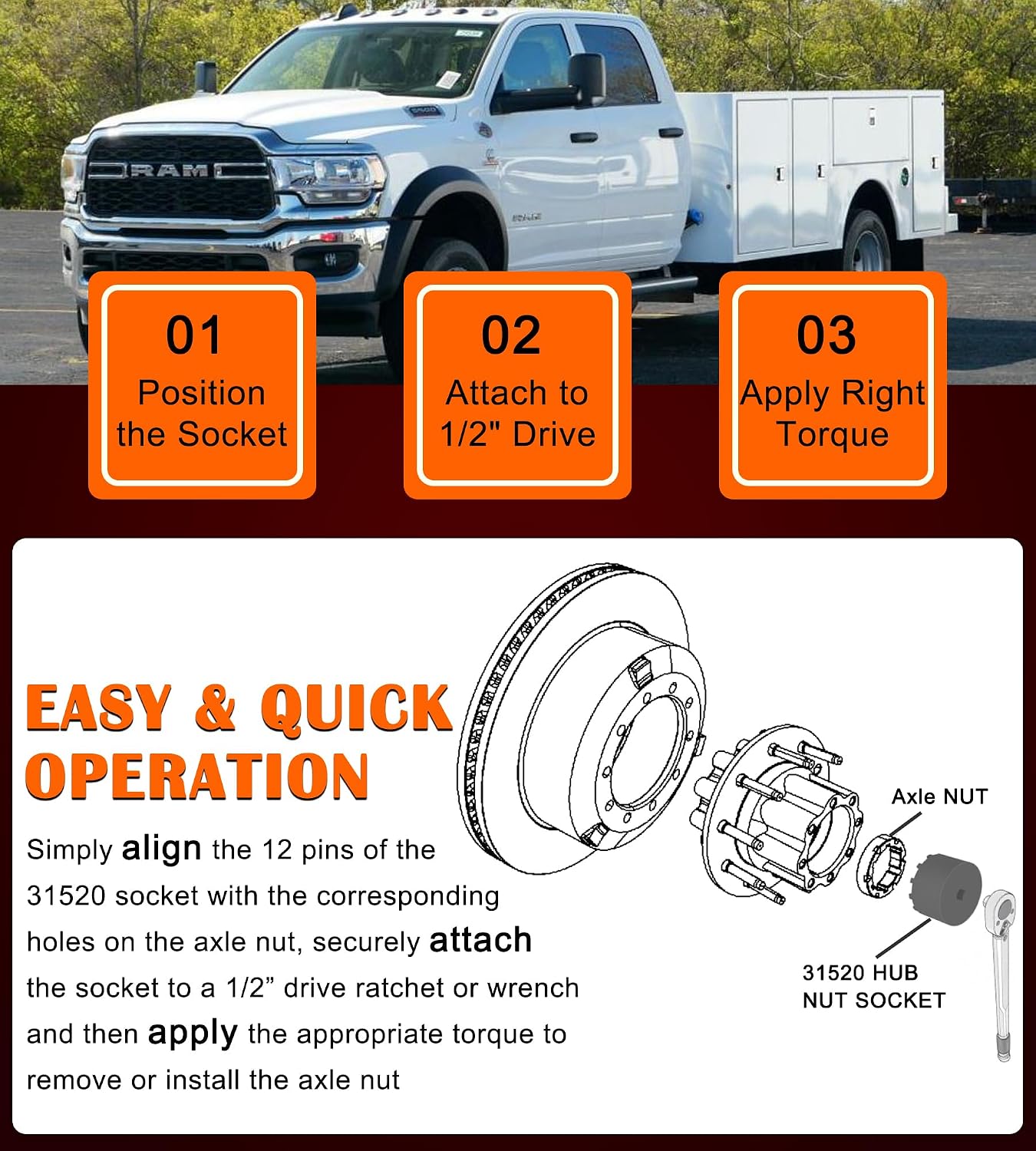 Bonbo 31520 Axle Nut Socket - 12 Pin Hub Bearing Retaining Nut Socket Tool Fits for 2019+ Dodge Ram 3500, 4500 and 5500 Heavy Duty Trucks with 12" Axles, 1/2" Drive