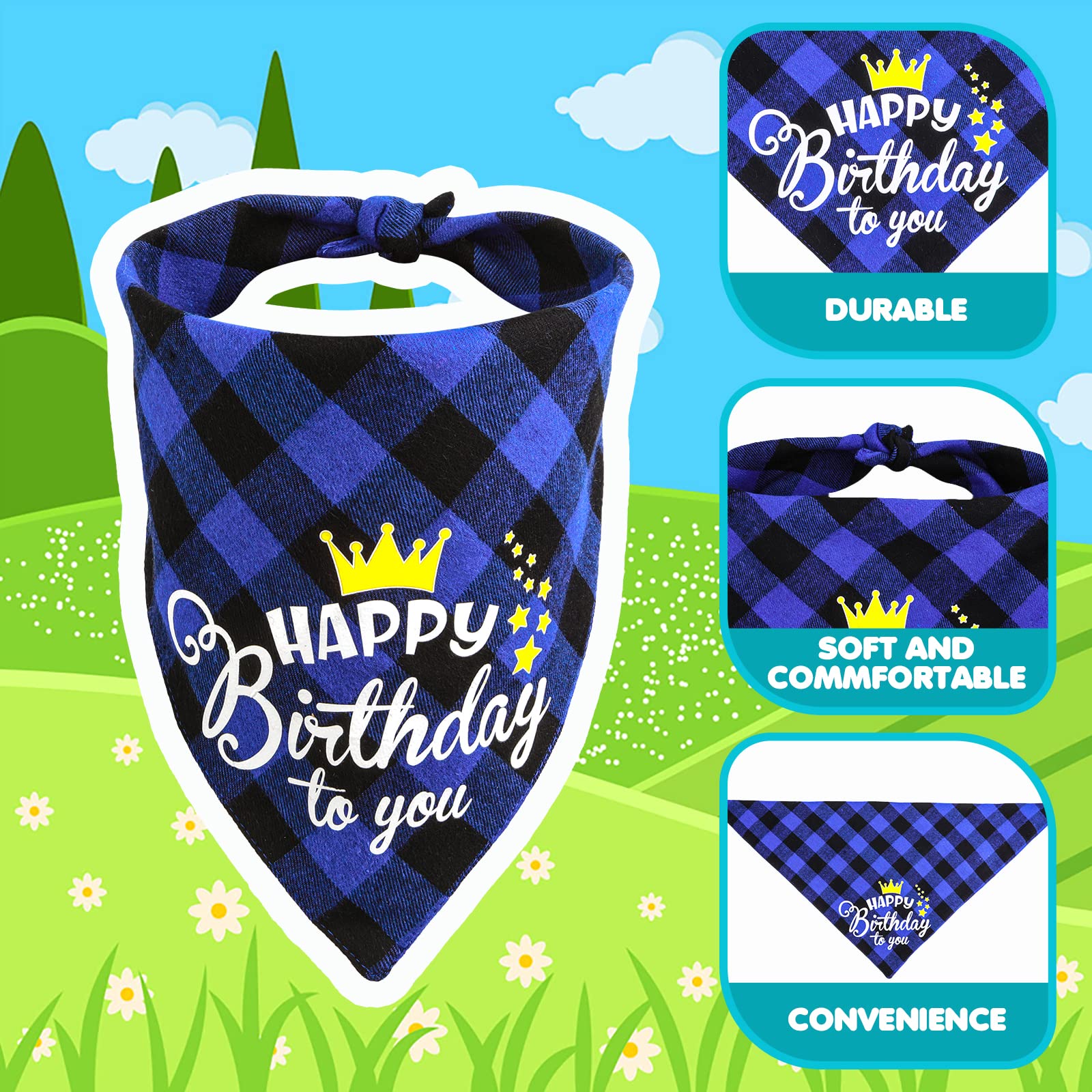 Cobee Urodzinowa bandana dla psa zestaw muszki, 3 sztuki artykuły na przyjęcie urodzinowe dla psa w kratę bandana błyszcząca korona czapka brokatowa muszka obroża dla małych średnich psów