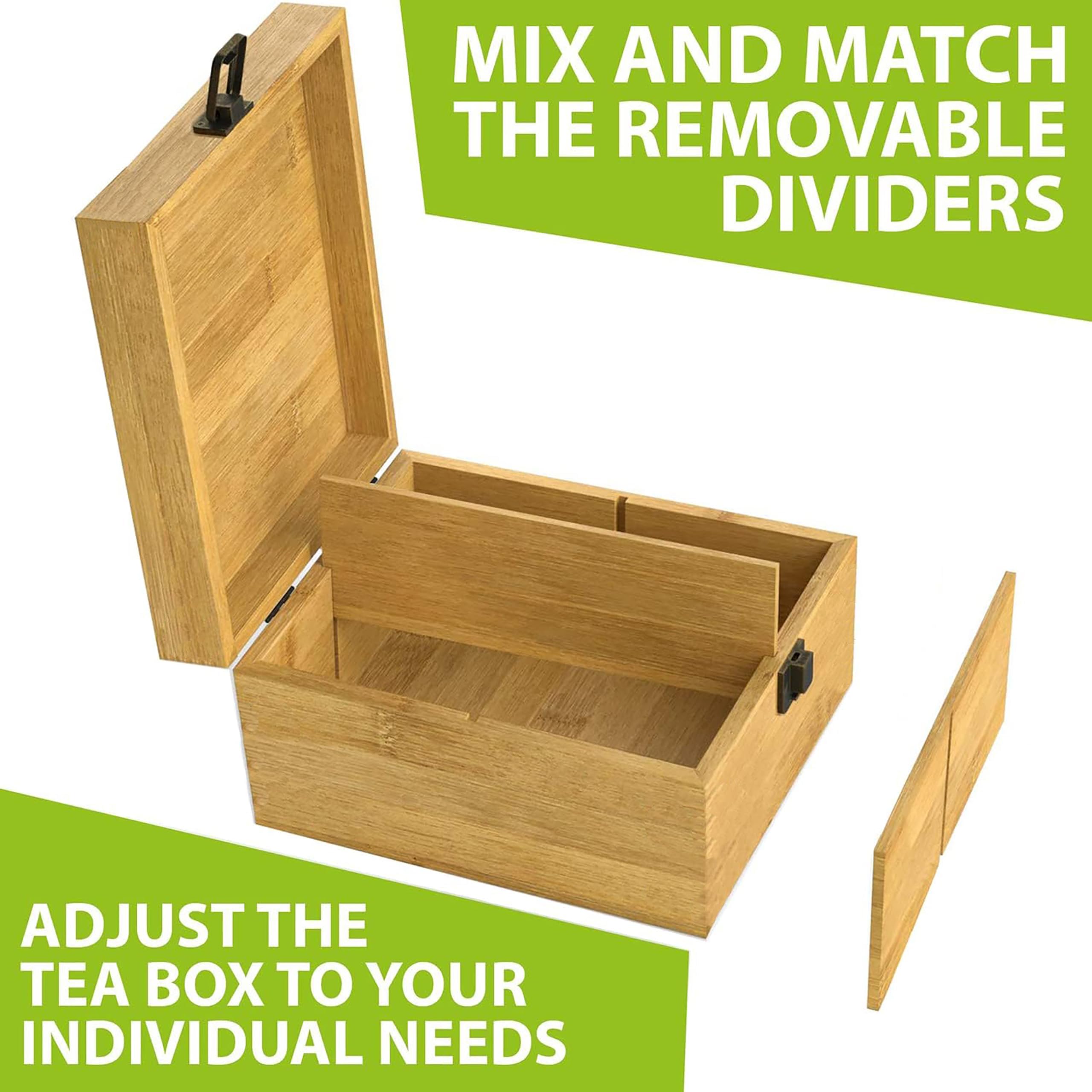 Caja organizadora de té de bambú sin químicos, grande, alto, ajustable, caja de almacenamiento de madera natural (4 ranuras cuadradas de 7.4 x 8.1 x 4.2 pulgadas en blanco)