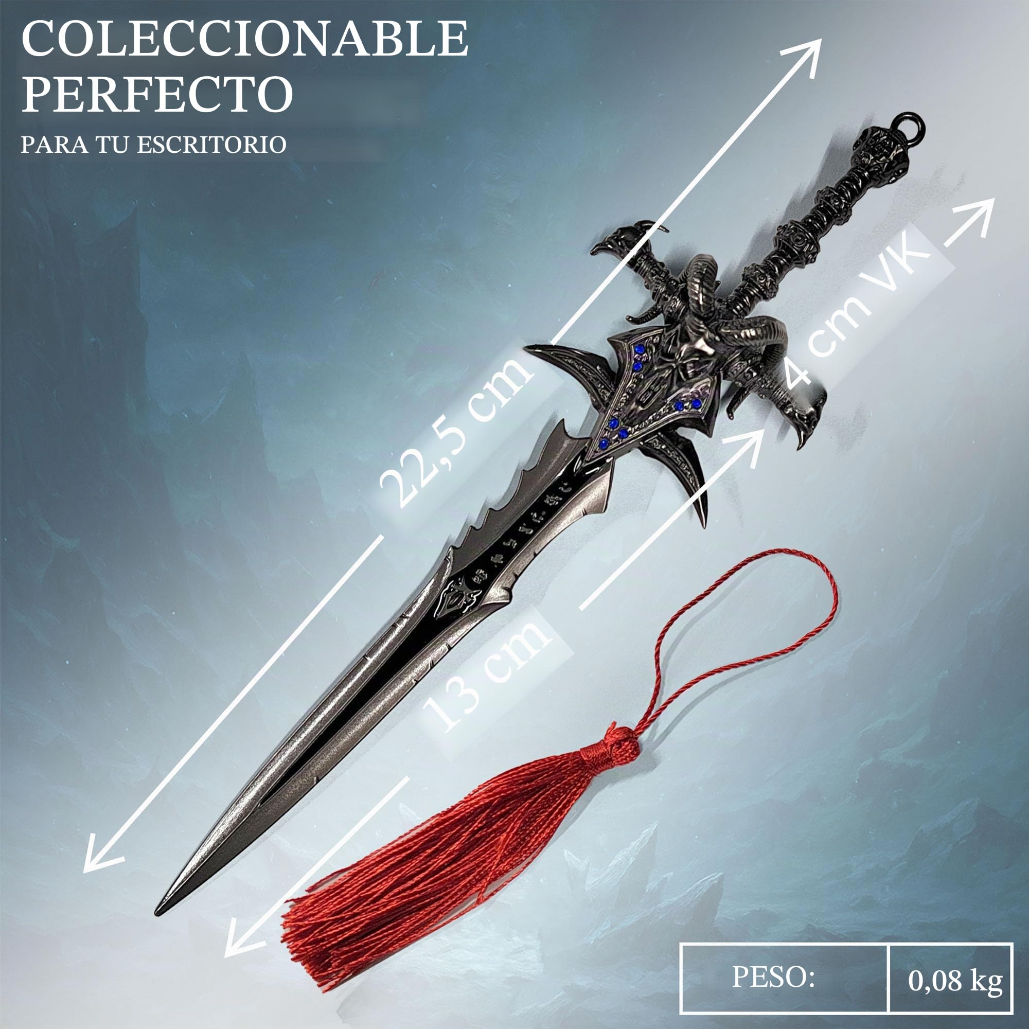 Abrecartas Frostmourne de World of Warcraft en forma de espada con base, 22,5 cm, accesorio para hogar y oficina, regalo y mercancía para fanáticos y coleccionistas