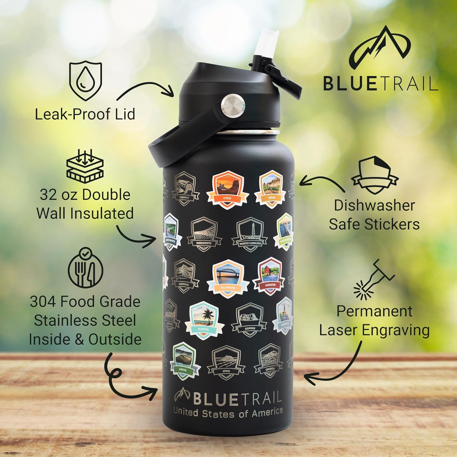 BlueTrail 50 States Water Bottle with Stickers - 32 oz Insulated Stainless Steel, Upgraded Leak-Proof Lid, UV & Waterproof Permanent Stickers, Laser Engraved 50 States of the USA (Black)