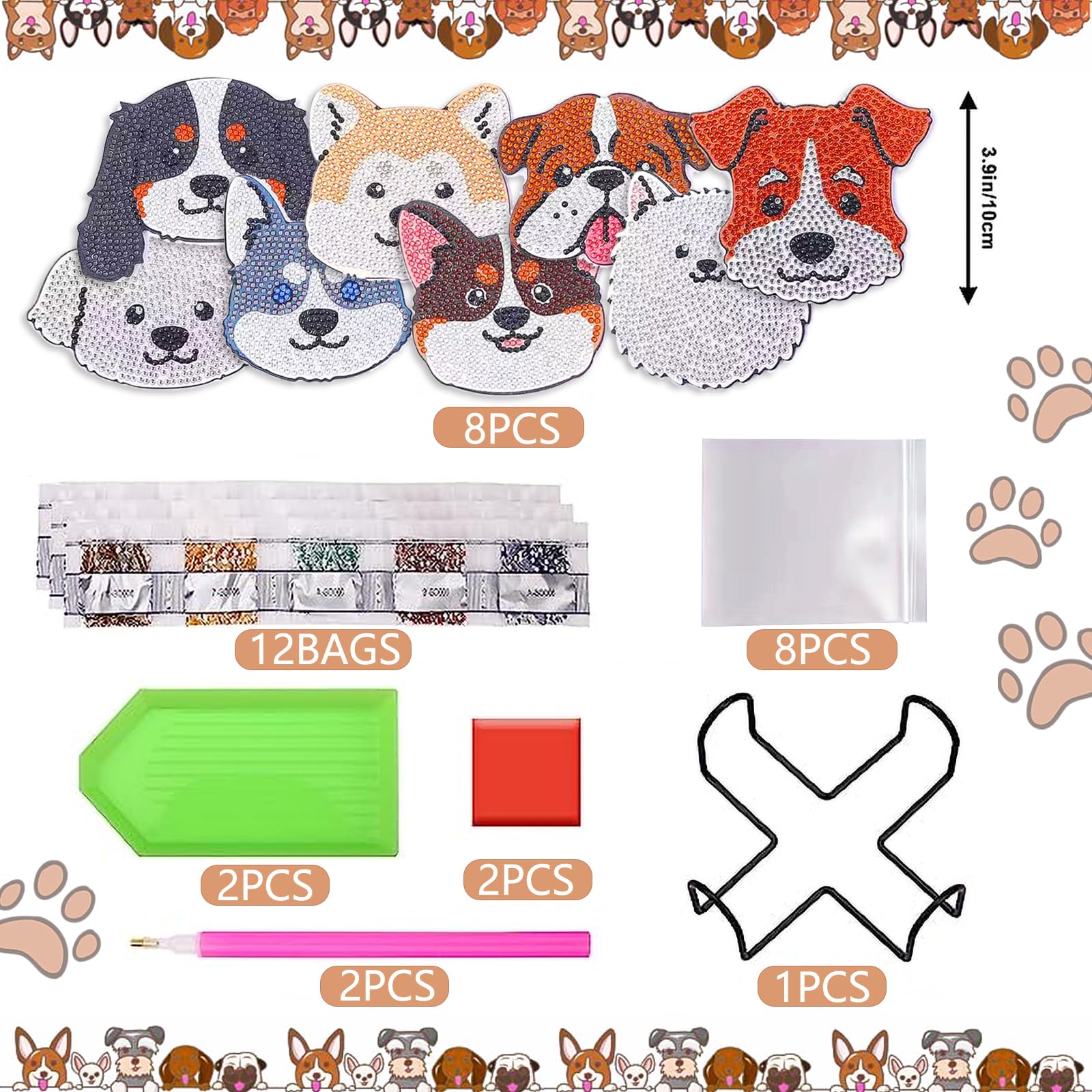 8 Pcs Dog Shaped Diamond Painting Coasters for Drinks, DIY Pet Dog Diamond Painting Kits with Holder, Diamond Art Coasters for Beginners Adults Art Craft Supplies Gift