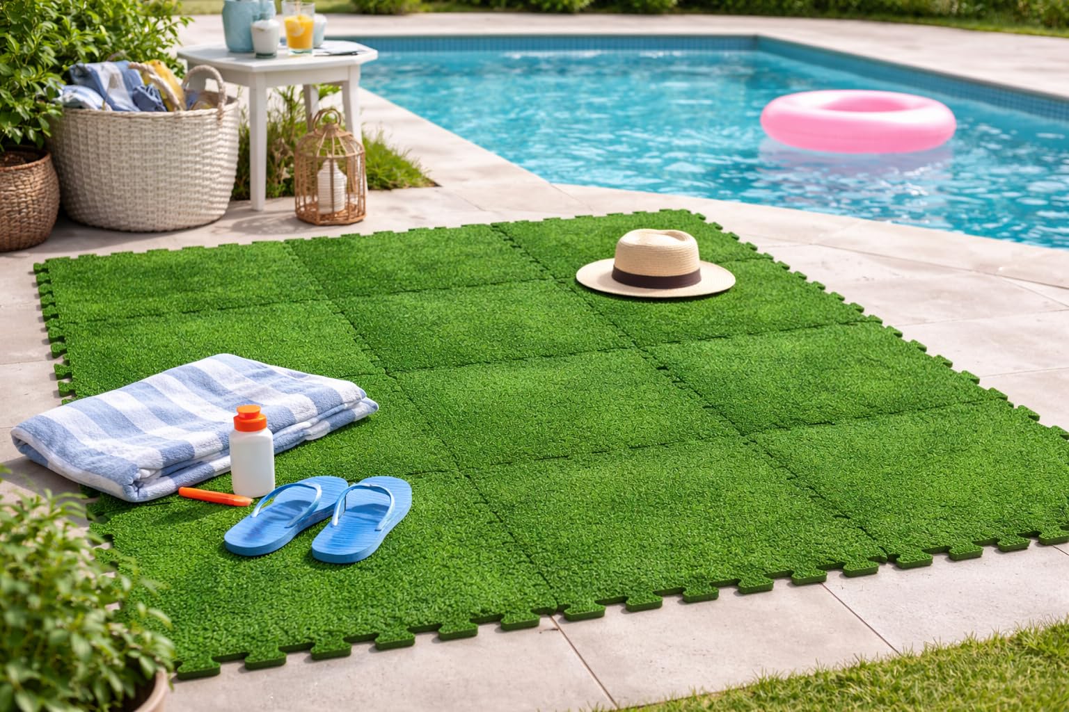 Baldosas de Foam para Piscina 50 x 50 cm – Set de 8 Piezas Tipo Puzzle – Base Exterior Extra Gruesa y Suave para Piscina, Piscina Infantil, Zona de Juegos & terraza – Efecto césped