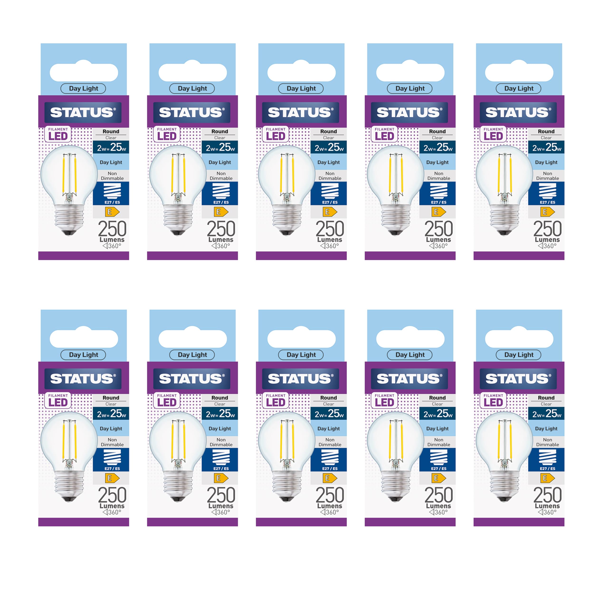 Status 2w = 25w = 270 lumens - Filament LED - Round - ES - Clear - Day Light - 1 pk Box - in White CDU