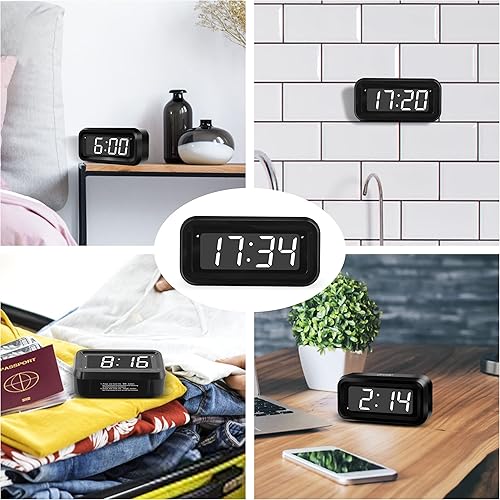 Miniatura 7 de KWANWA Reloj despertador para niños, LED blanco, batería, modo nocturno automático, 12 horas24 horas, pequeño, viajes, mesita de noche, montaje en