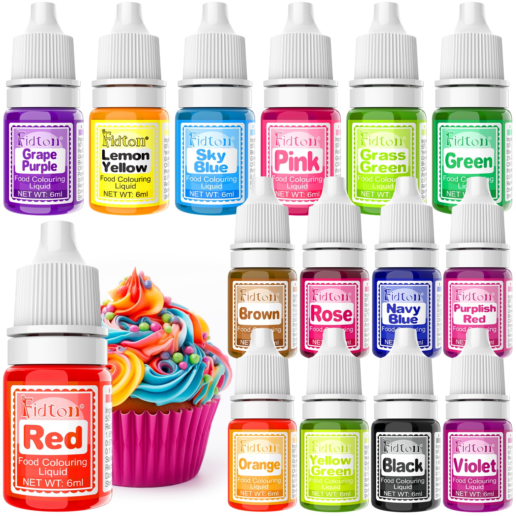 Food Colouring Liquid - Fidton 15 Colours Highly Concentrated Food Dye, Food Colouring Set for Icing, Macaroons, Cake Decoration, Ice Cream, Fondant, Icing Colouring for Slime - 6 ml