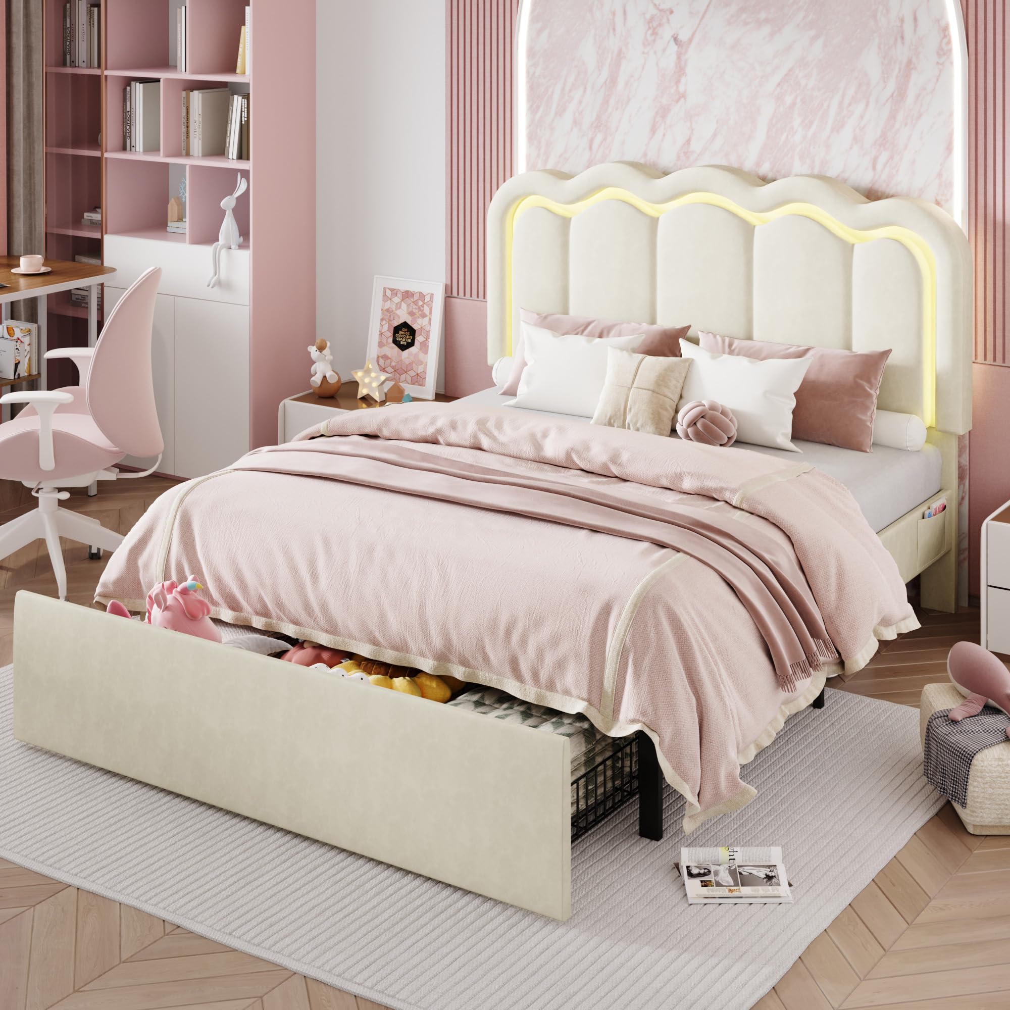 SHA CERLIN Upholstered Queen Size Bed Frame with LED Lights and Large Storage Drawer, Velvet Platform Bed with Adjustable Wavy Headboard, Noise Free,