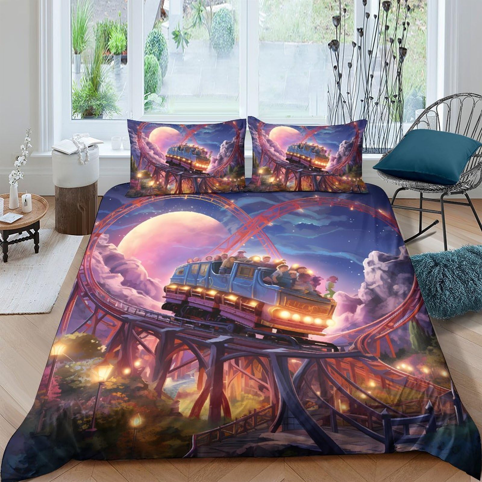 Ctjqhvkz Style-2 3D Printed Fantasy Train Fitted Sheet Microfiber Soft Colorful Sunset Planet Mattress Cover Bedroom Decor Single（135X200cm）