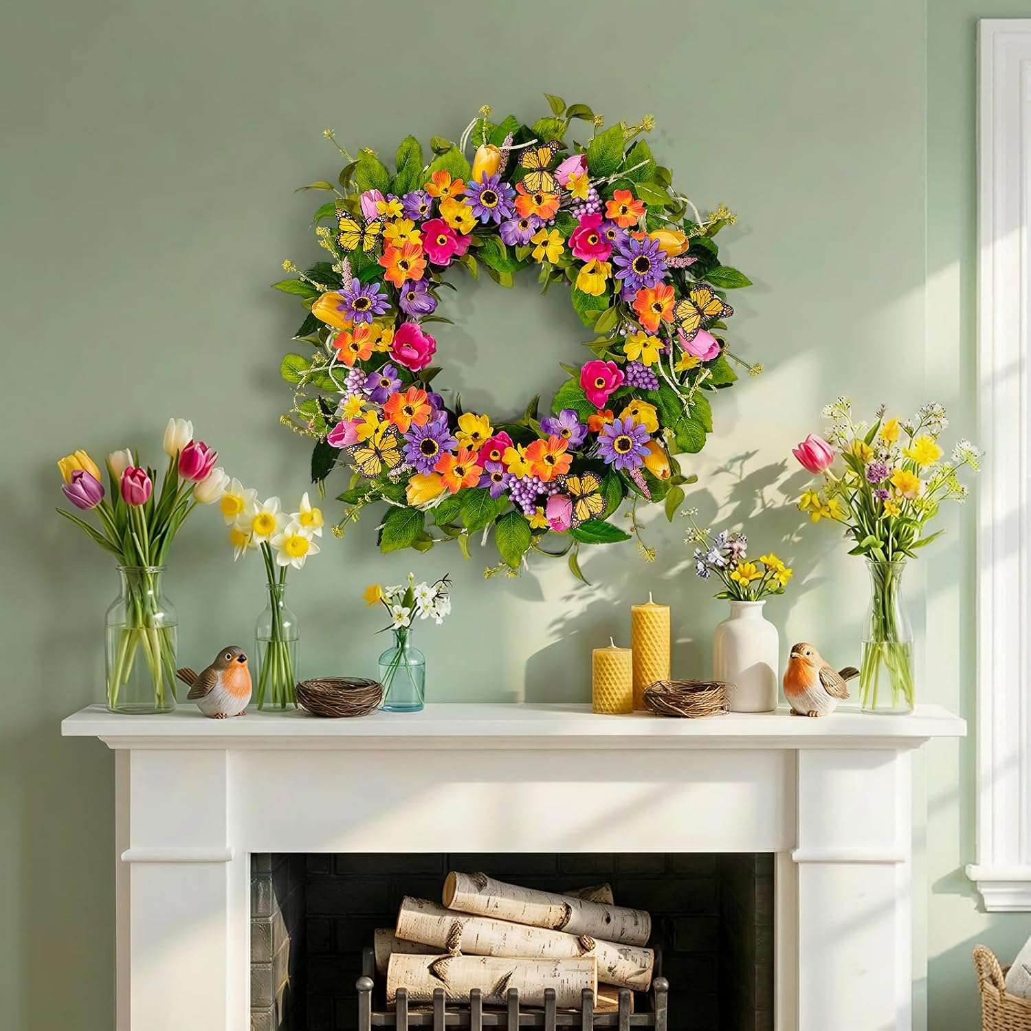 Spring Wreaths for Front Door, Spring and Summer Tulip Wreath with Butterfly for Farmhouse Porch Wall Window Home Decor for Indoor Outdoor Housewarming Gift