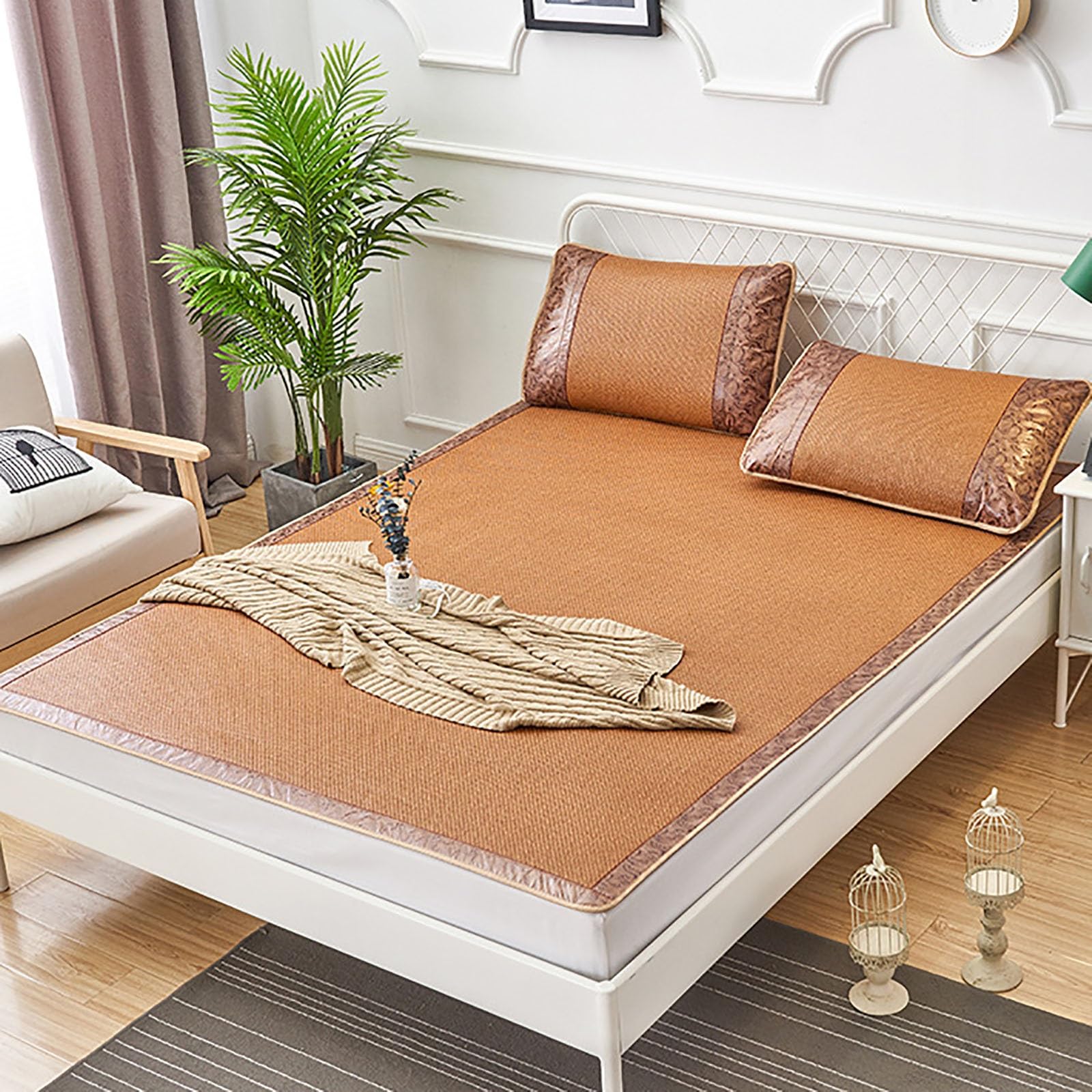 Summer Bamboo Sleeping mat, Foldable Double Sided Bamboo mat for bed, Home Quick Cooling Textile Rattan Mat Grid Fitted Sheet Set Summer Bed Cover, Various Specifications(Color F,180 * 200cm)