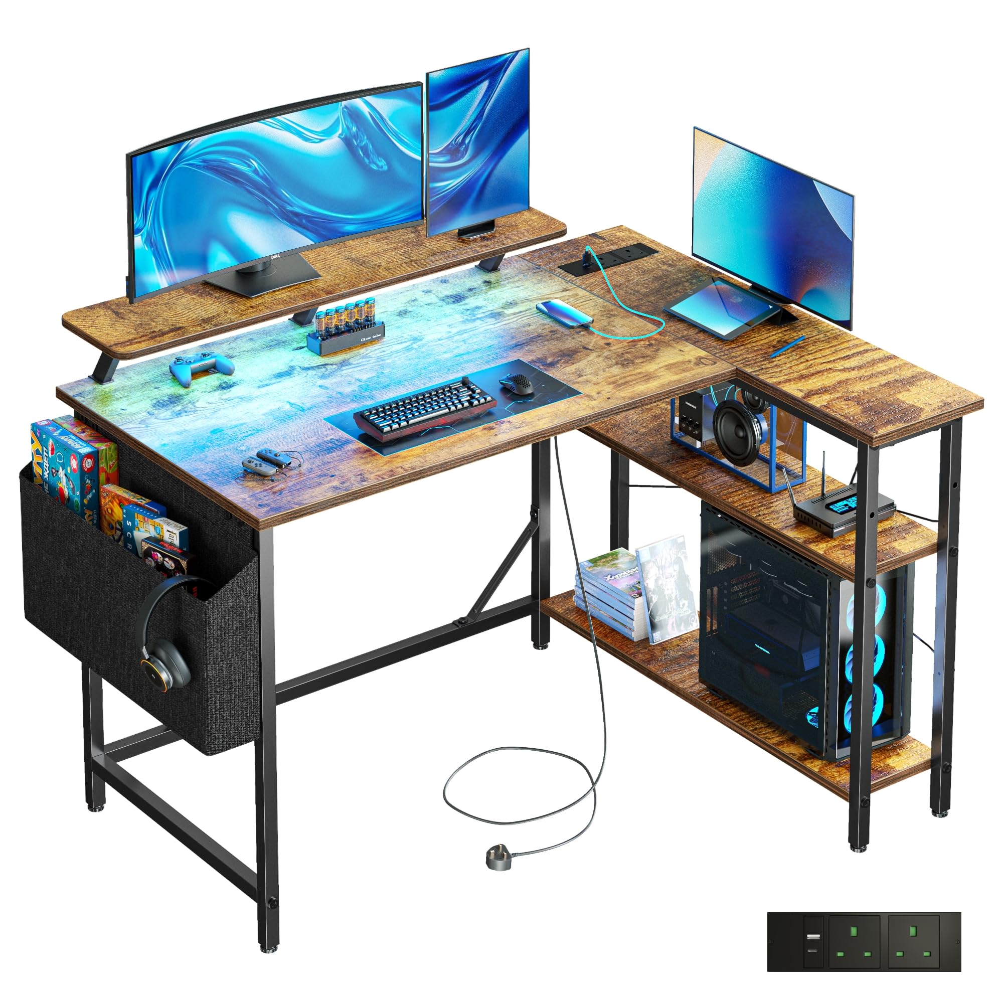 Domshoct L Shaped Gaming Desk with LED Lights & Power Outlets, 120 * 80cm Corner Computer Table with Storage Bag & Adjustable Shelves & Large Monitor Stand, Home Office Study Workstation, Brown