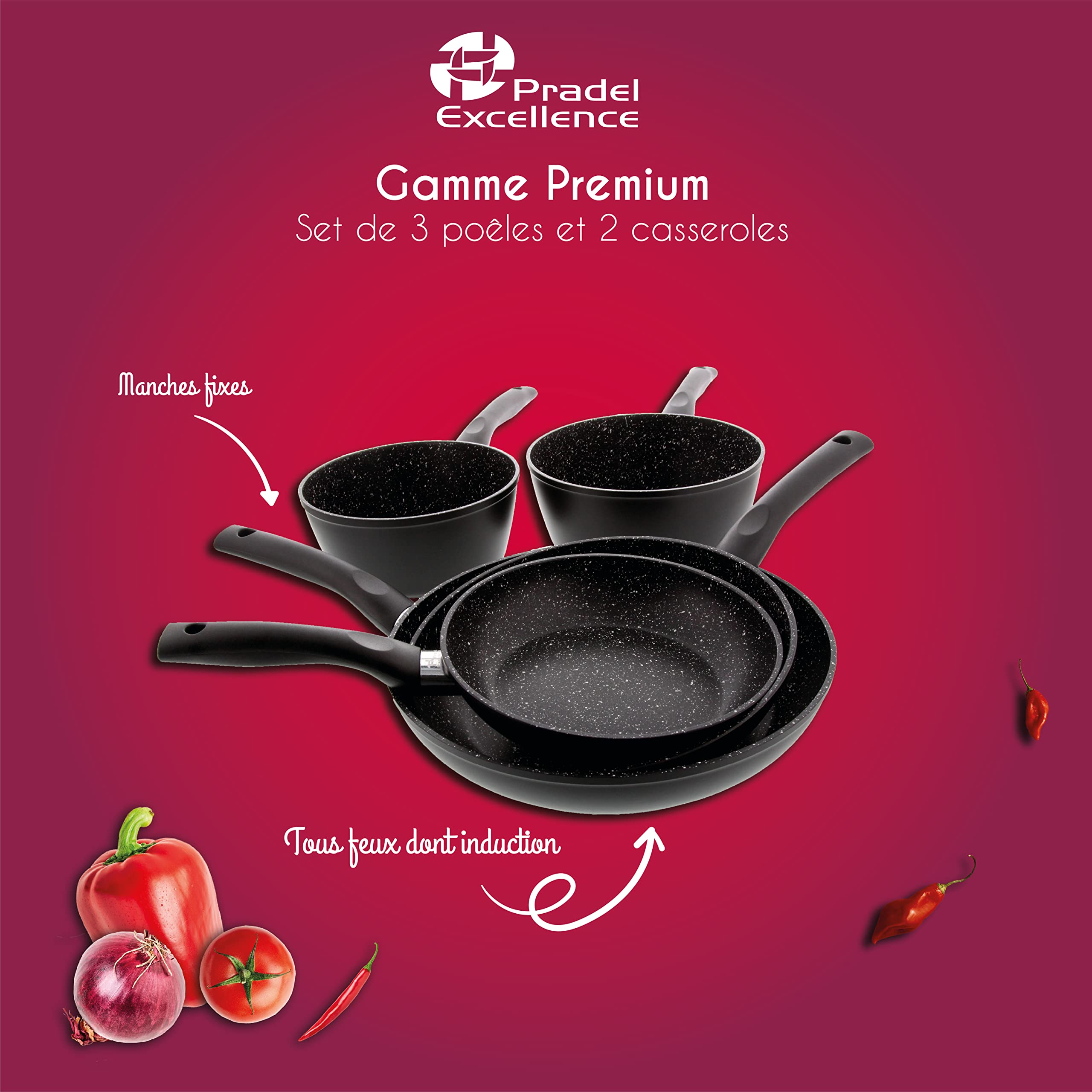 Pradel Excellence - Set de 3 Poêles 20/24/28 cm + 2 Casseroles 18/20 cm - Aluminium Forgé - Revêtement Anti-Adhésif Façon Pierre - Manche Fixe - Tous Feux y compris Induction