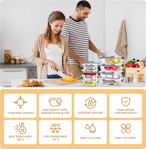 Miniatura 6 de 16 piezas (8 alimentos y 8 tapas), recipientes de almacenamiento de vidrio negro de 12.5 + 35.1 onzas con tapas, recipientes rectangulares de vidrio