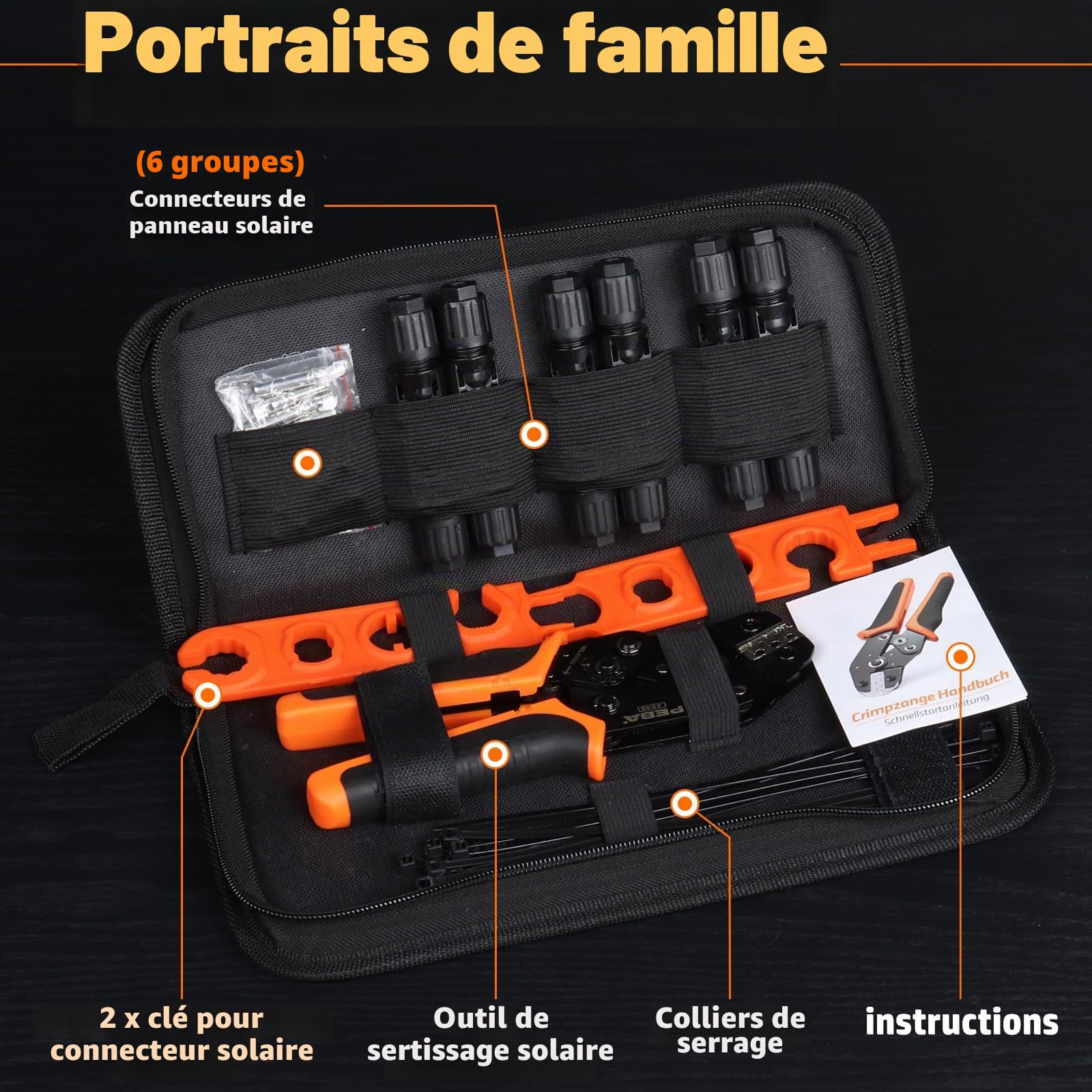 PEBA Pince à Sertir Solaire pour câble PV de 1,5-2,5/4/6 mm² Connecteurs Panneau Solaire, avec 6 paires Solaire Connecteurs, Outils de Sertissage Connecteurs Solaires - Solar PV Crimp Tool Kit