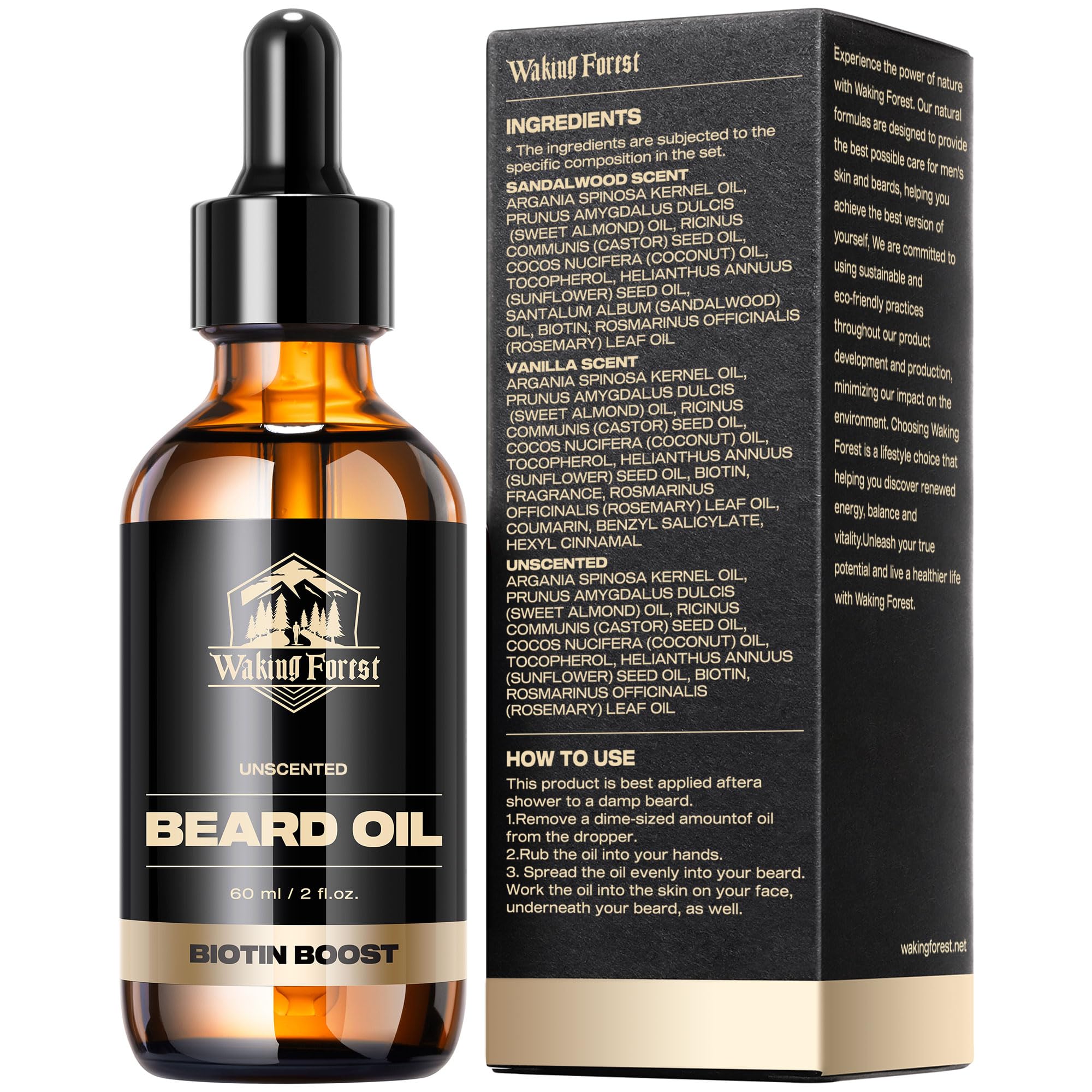 Waking Forest Bartöl für Herren, 60 ml, Biotin ohne Duft, für Schnurrbart mit Vitamin E, Rosmarin und Rizinus, weich, stärkt und spendet Feuchtigkeit für den Bart, 59 ml