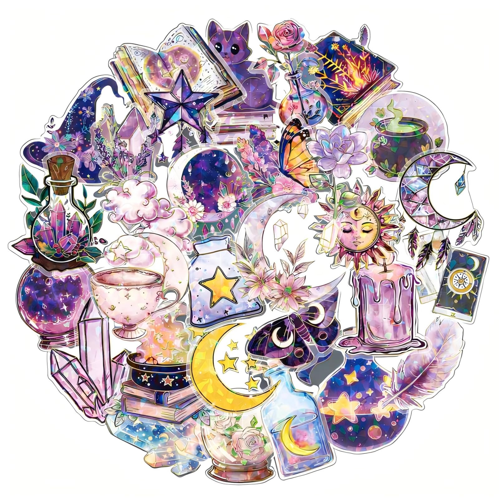 30PCS Holographic Journal Stickers - Magic Aesthetic Scrapbooking Stickers - PET Transparent Self Adhesive Planner Stickers - Laser Foil Decorative Stickers for Notebook Diary Craft (Purple)