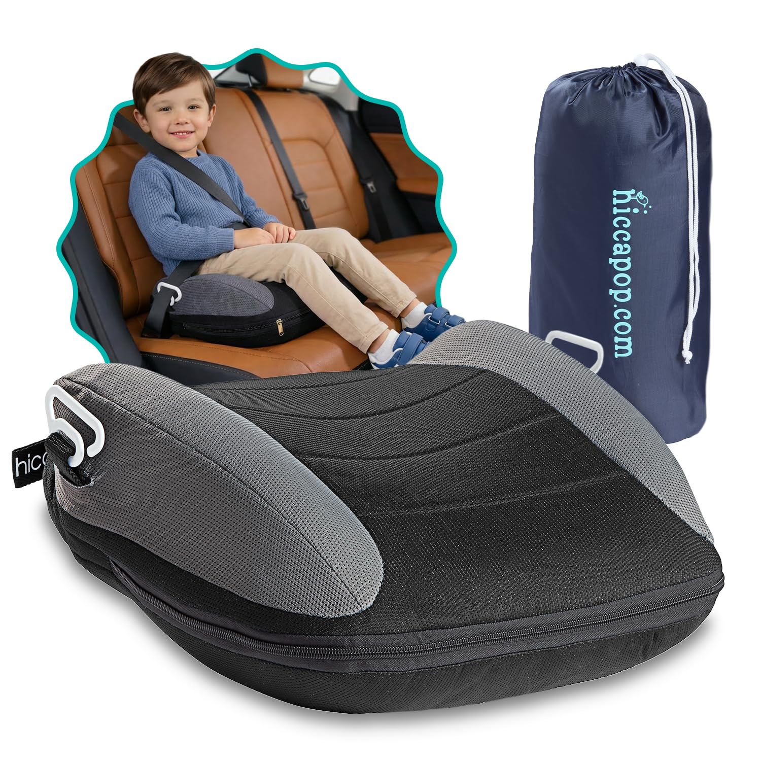 UberBoost Inflatable Booster Car Seat | Blow up Narrow Backless Booster Car Seat for Travel | Portable Booster Seat for Toddlers, Kids, Child | Black/Gray