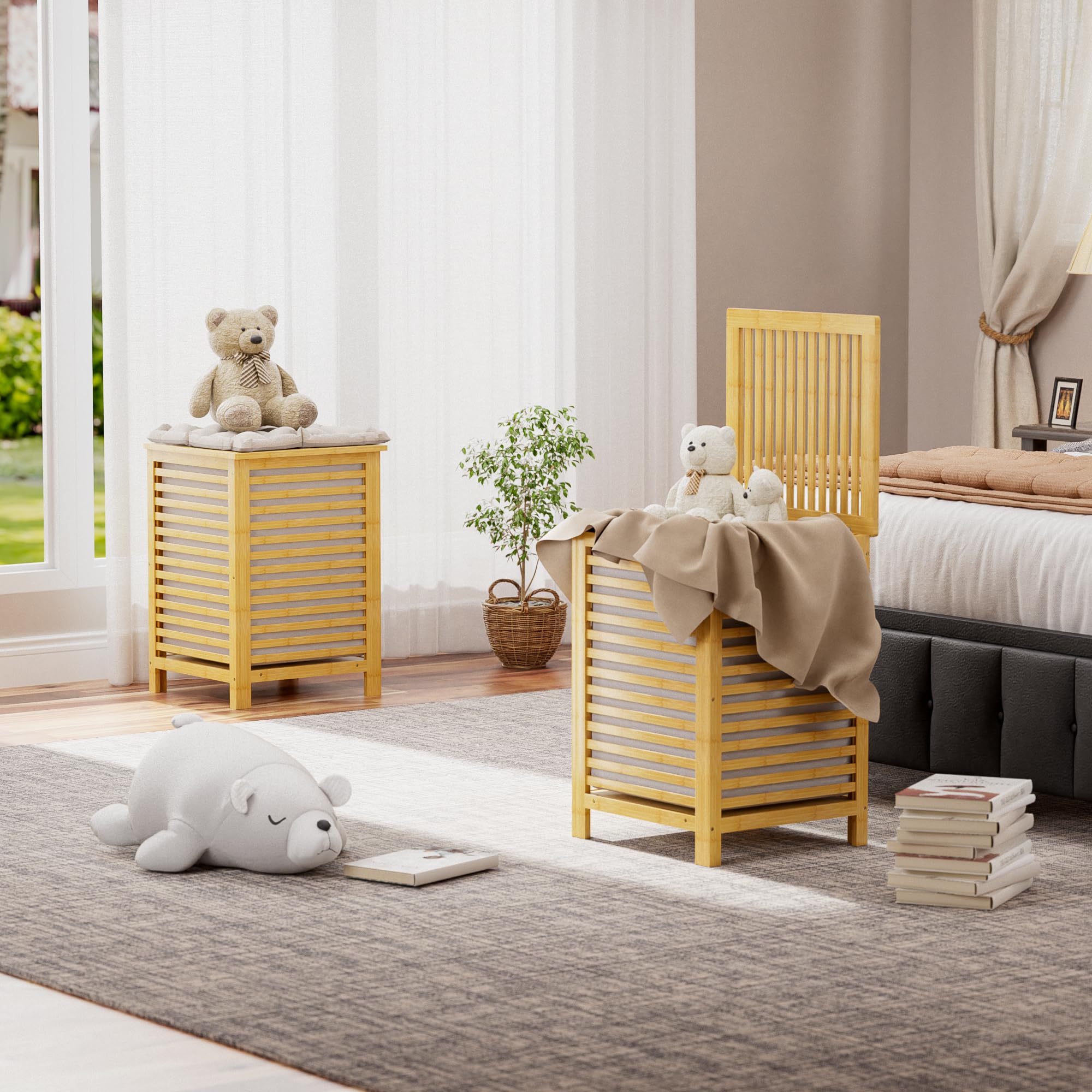 SMIBUY Panier à linge en bambou 120L avec couvercle, sac de doublure amovible, trieur à linge à 2 sections, naturel, beige, à rayure