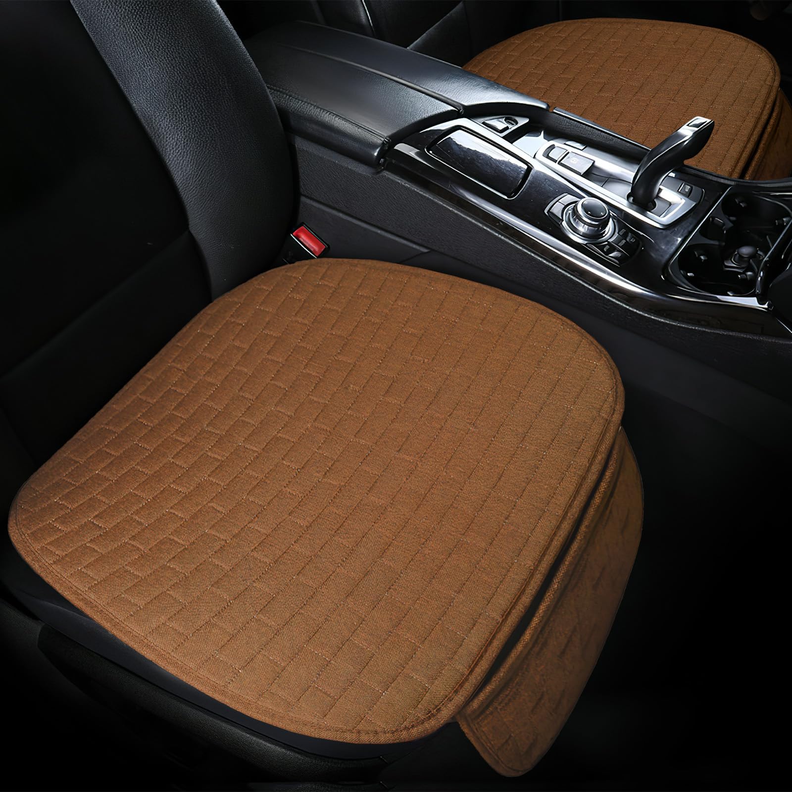 Hbxdeco 2PCS Car Seat Bottom Cover Pad, Breathable Linen Auto Front Seat Bottom Cushion Mat with Pocket, Anti-Slip Vehicle Front Seat Cover Protector, Universal for Car SUV Sedan (Brown)