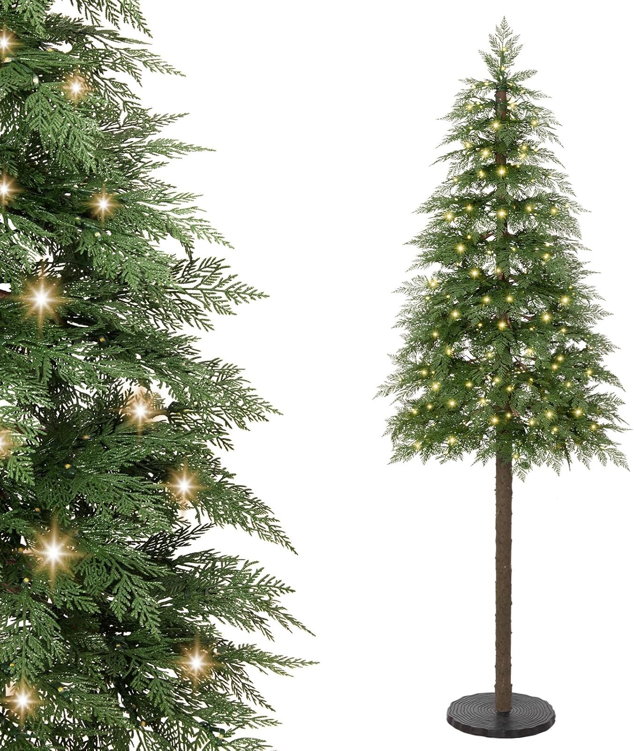 Decoway 6FT Artificial Christmas Tree with 250 Warm White Led Lights, Pre-Lit Xmas Tree with Realistic Bark for Indoor Outdoor Holiday Decor