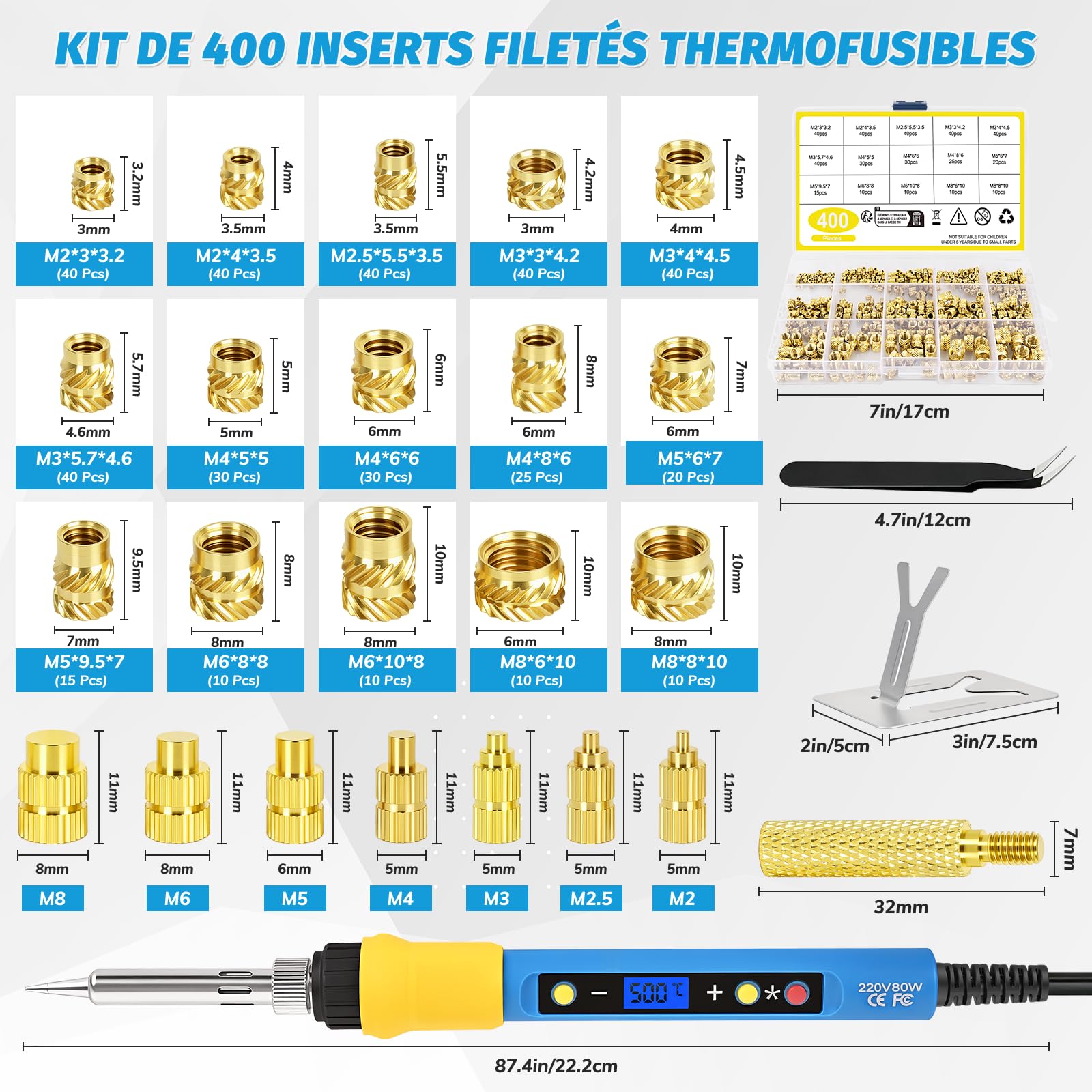Inserts Filetés 400 pcs et Fer à Souder 80W, Température Réglable 180–500°C, 7 Pannes, M2/M2.5/M3/M4/M5/M6/M8 pour Impression 3D et Plastique