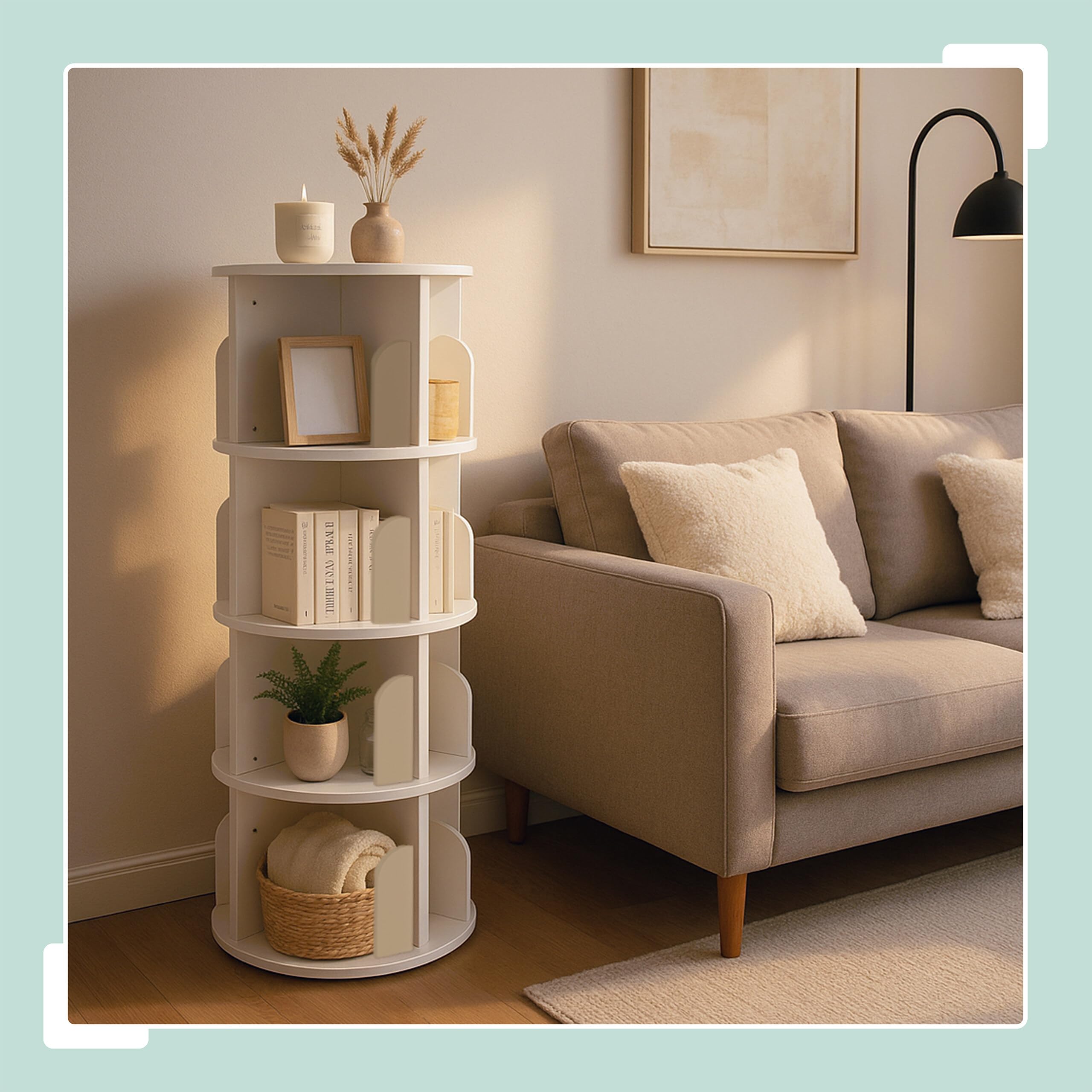 Relaxdays regał obrotowy na książki, 16 przegródek, wys. x gł.: 128 x 40 cm, 4 poziomy, regał obrotowy na książki i DVD, MDF, biały
