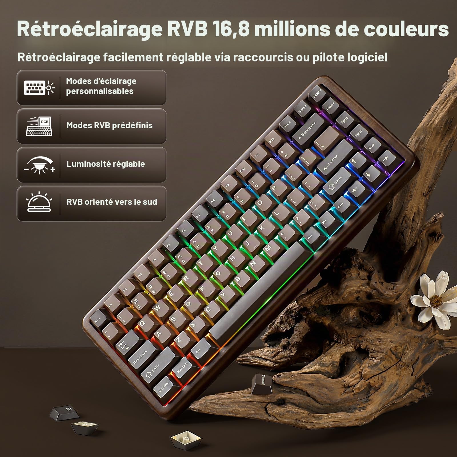 YUNZII WOOD84 75% Clavier Mécanique Gamer sans Fil en Bois RVB (Candy) | Bluetooth/2.4G/USB-C Filaire, Rétroéclairage RGB, Montage Tray, Hot-Swap PBT, QWERTY, pour Mac/PC