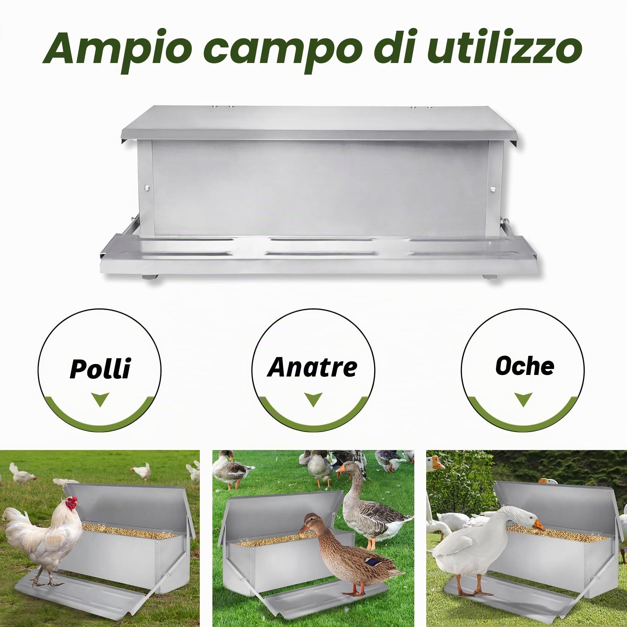 Mangiatoia automatica per polli in acciaio zincato, mangiatoia automatica con pedale e coperta, impermeabile e a prova di ratti, mangiatoia per pollame