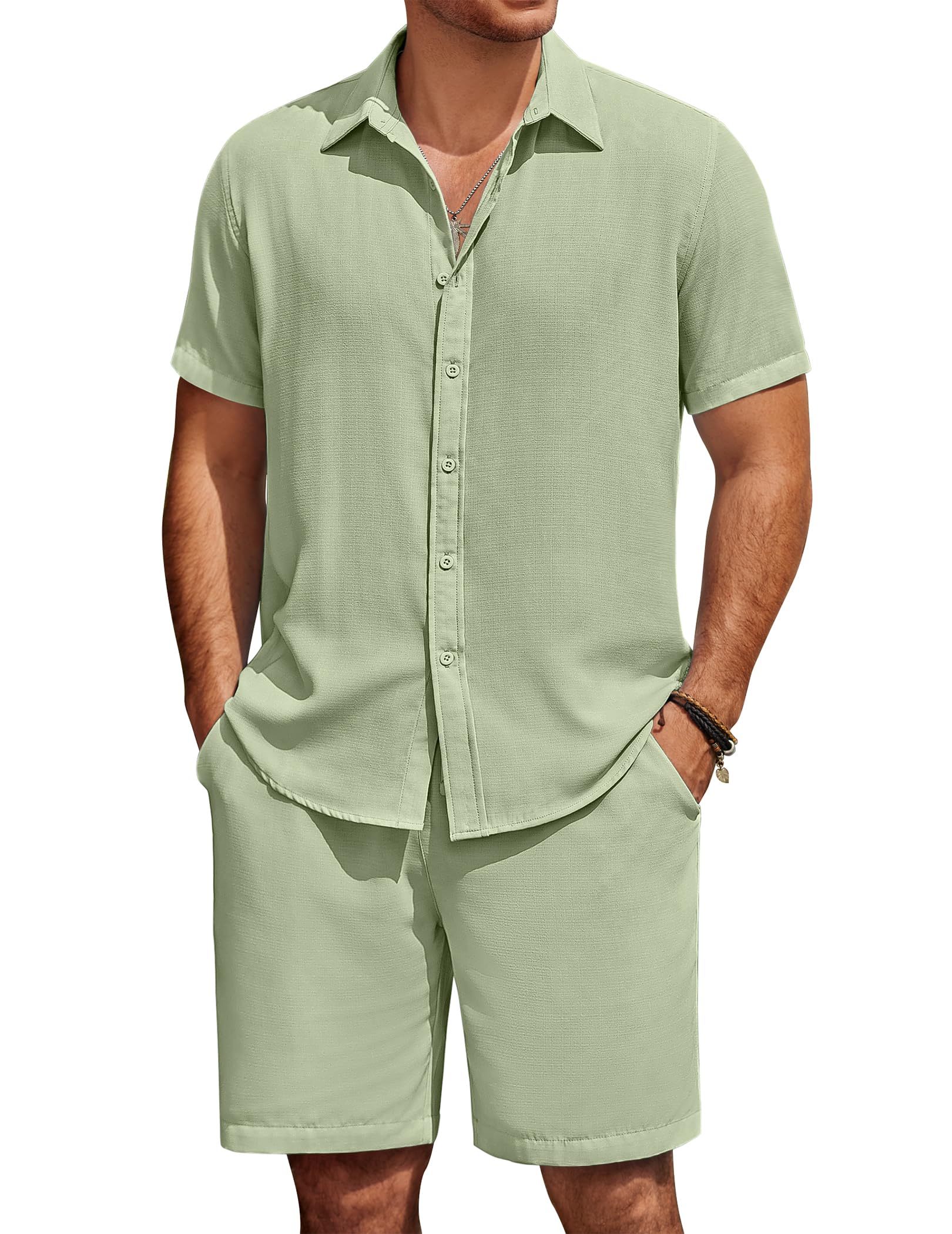 COOFANDY Mens Summer Beach 2 Piece Outfits Casual Vacation Cotton Linen Yoga Matching Set Short Sleeve Shirt and Shorts